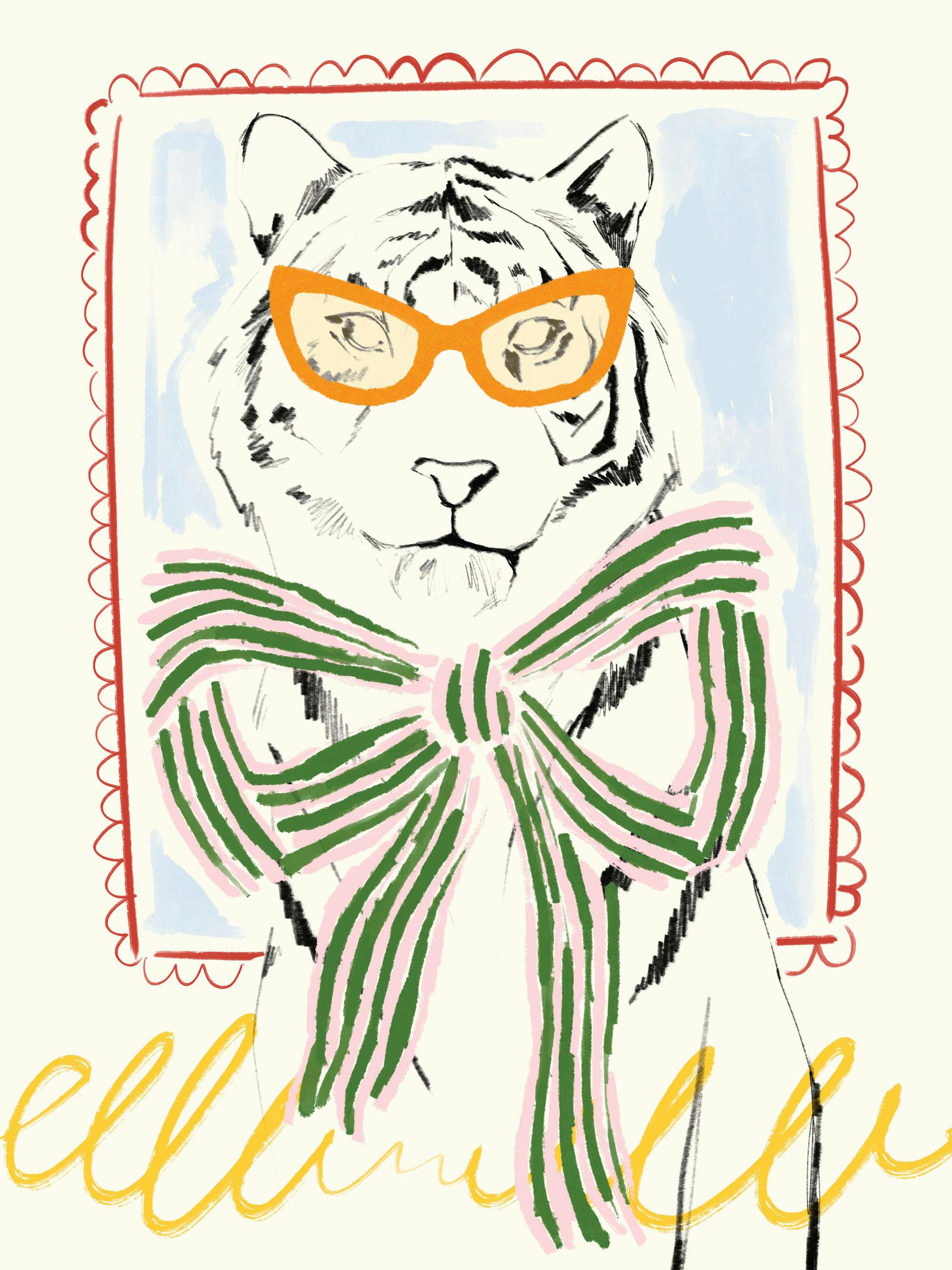 Chic tiger illustration wearing a green striped bow and orange cat-eye glasses, framed by a red scalloped border.