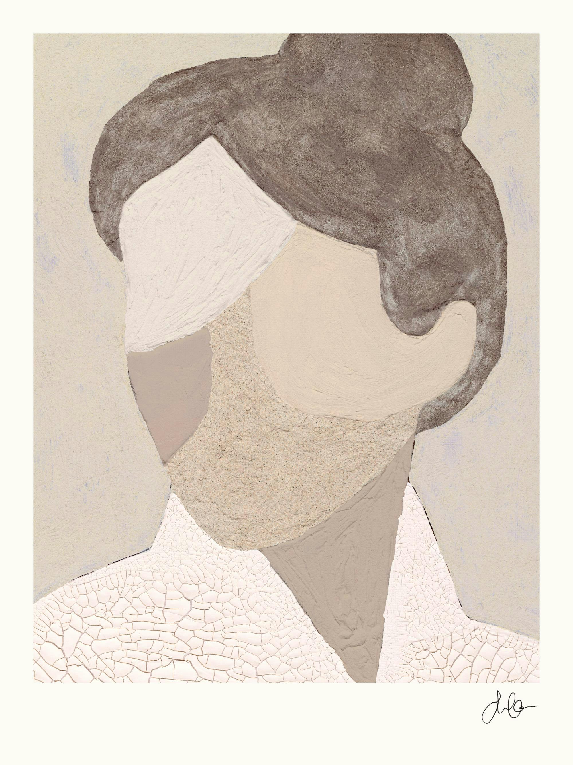 Plakat Visage Texturé: artystyczny portret z teksturowanymi kształtami w odcieniach bieli, brązu i szarości.