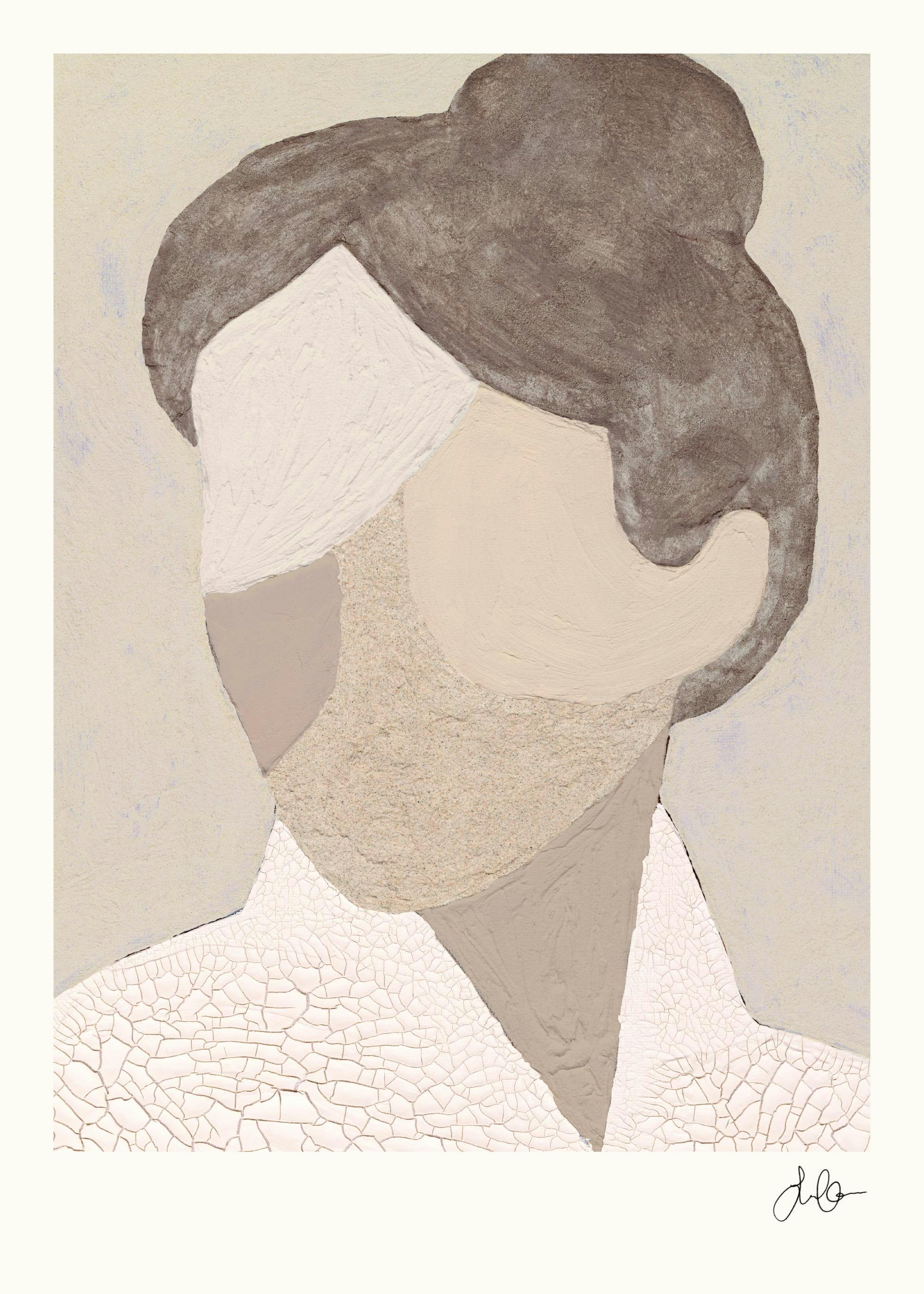 Plakat Visage Texturé: artystyczny portret z teksturowanymi kształtami w odcieniach bieli, brązu i szarości.