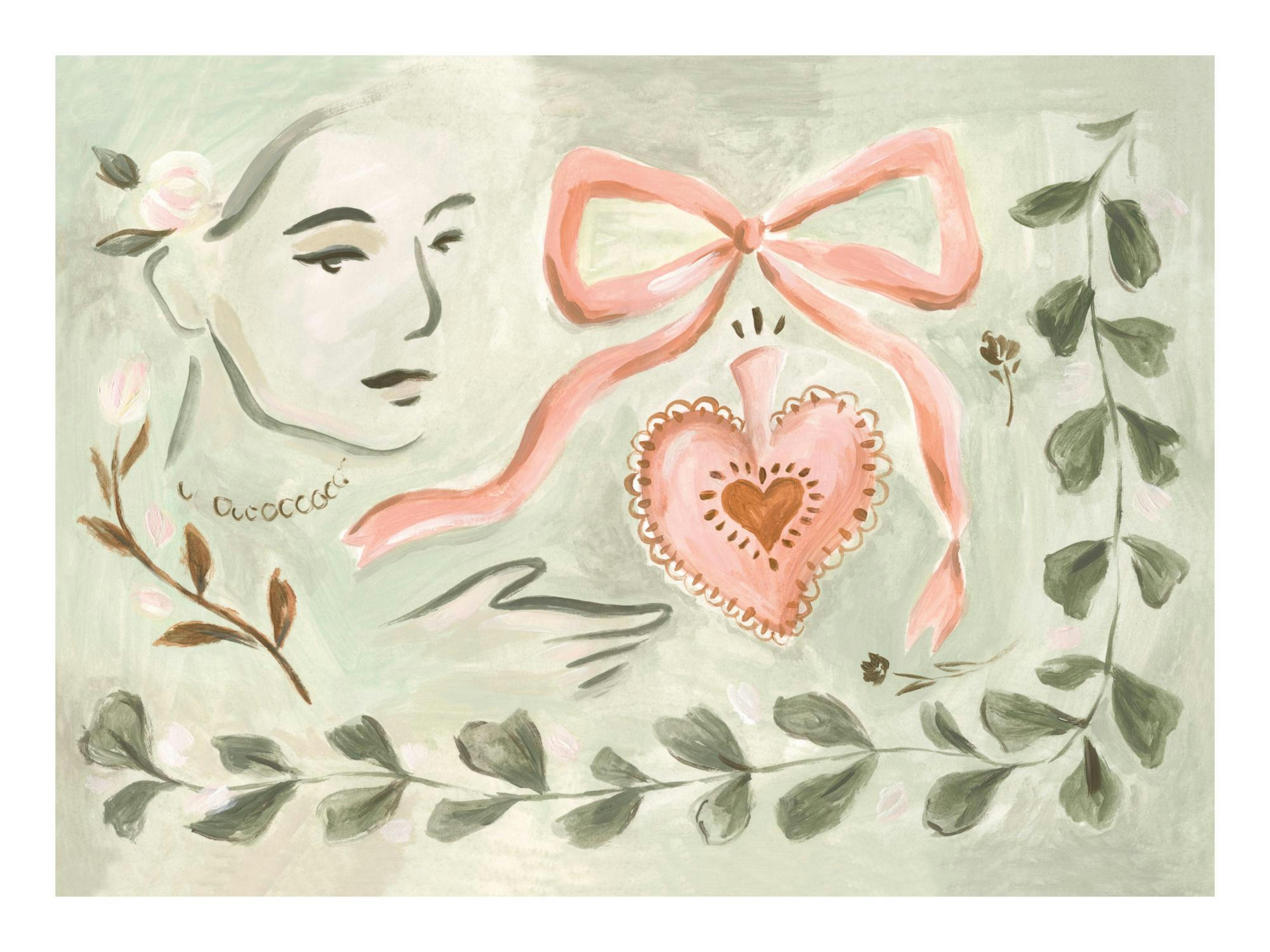 Handmålad poster med spetsigt hjärta, rosetter, kvinna och växter i Frida Kahlo-stil.