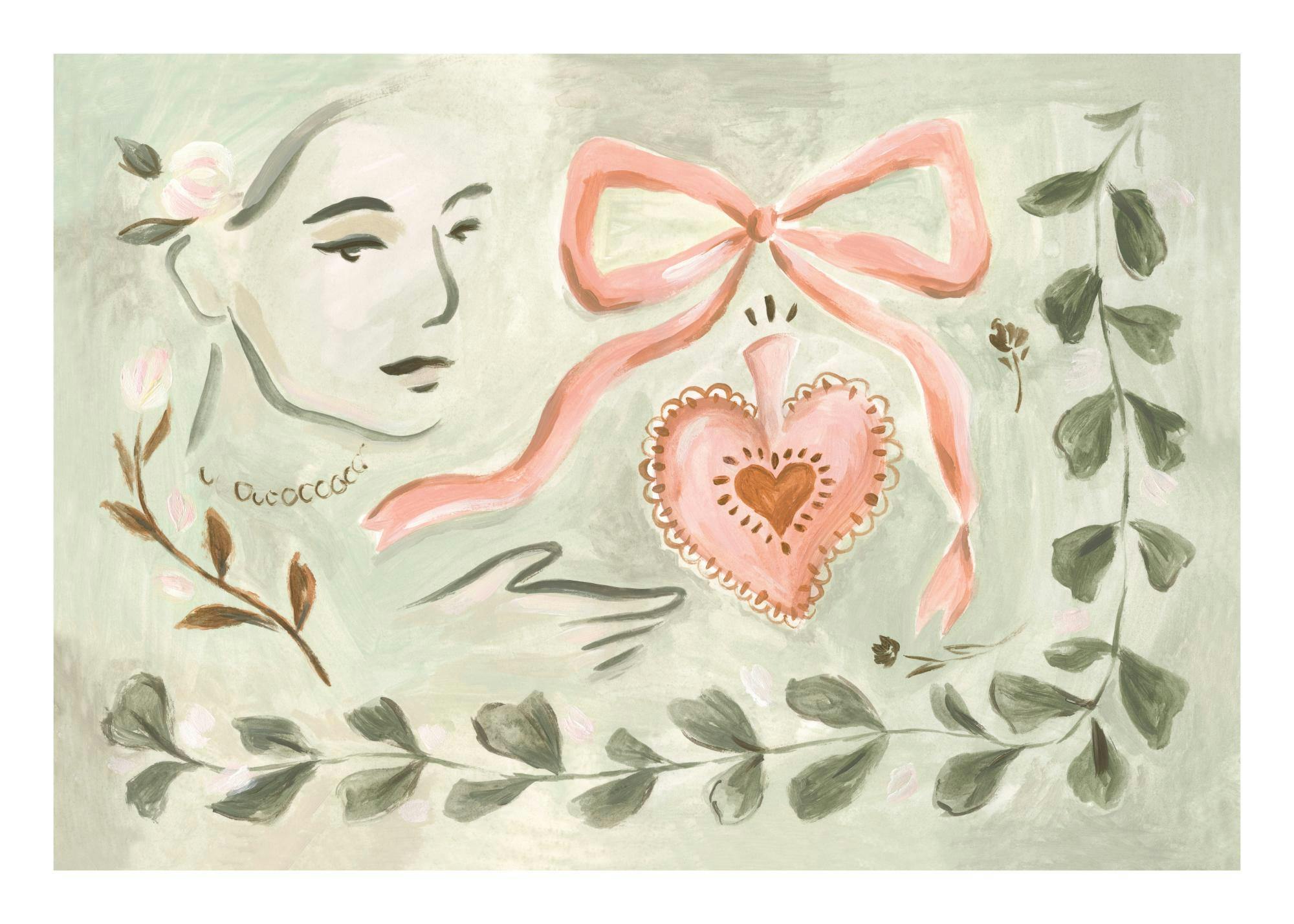 Handmålad poster med spetsigt hjärta, rosetter, kvinna och växter i Frida Kahlo-stil.