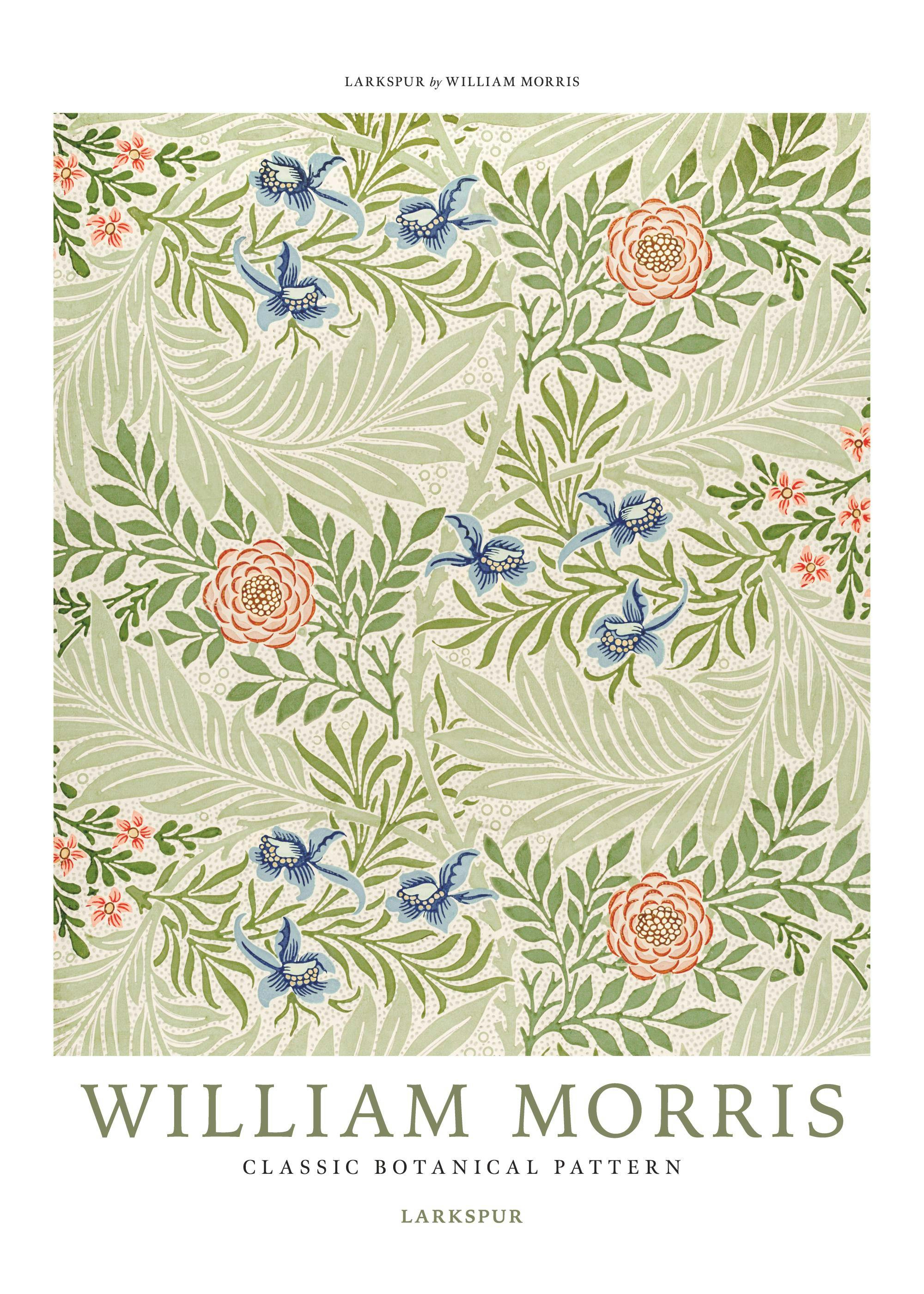 William Morris Larkspur No4 print, a vintage botanical pattern with light green leaves, blue larkspur, and coral flowers.