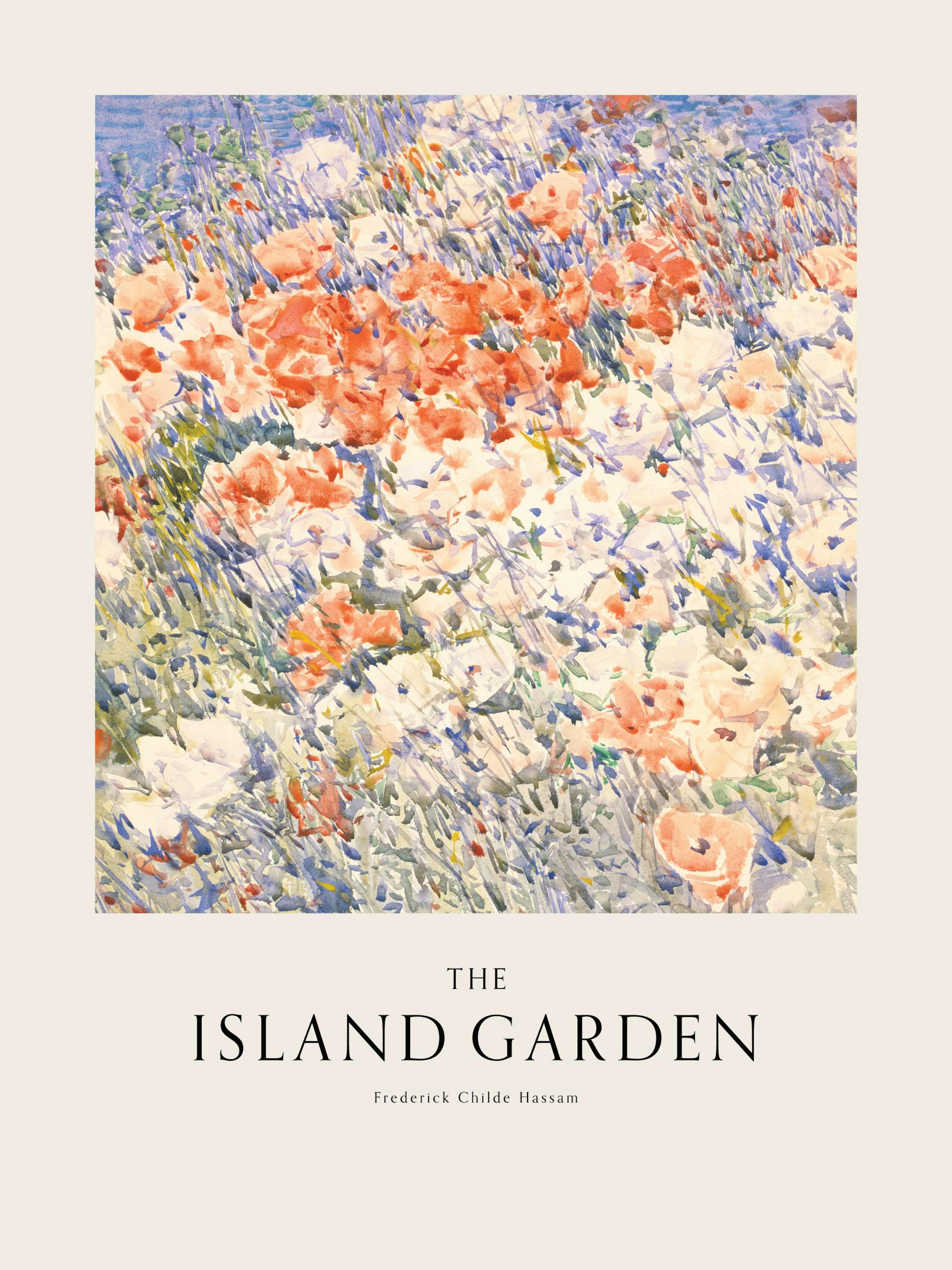 Póster de The Island Garden de Frederick Childe Hassam, que muestra un campo de amapolas rosas y flores blancas con follaje verd
