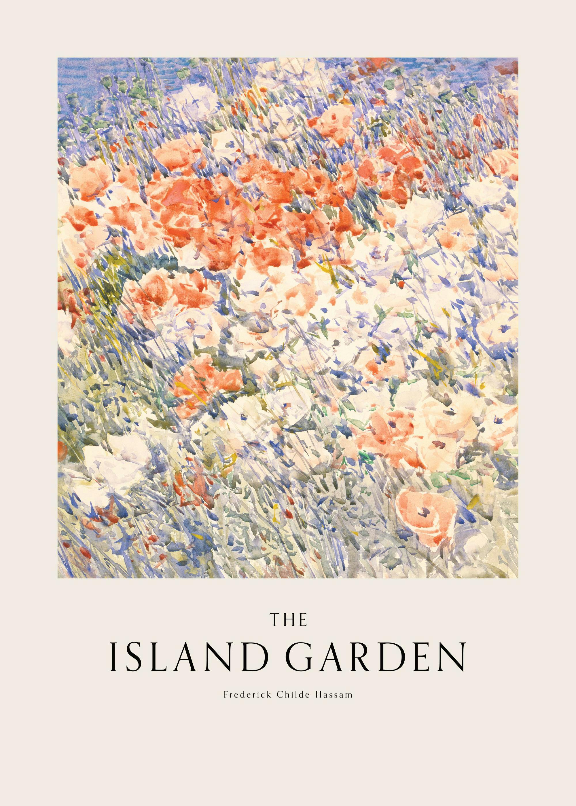 Póster The Island Garden de Frederick Childe Hassam, com um campo de papoilas cor de rosa e brancas em aguarela.