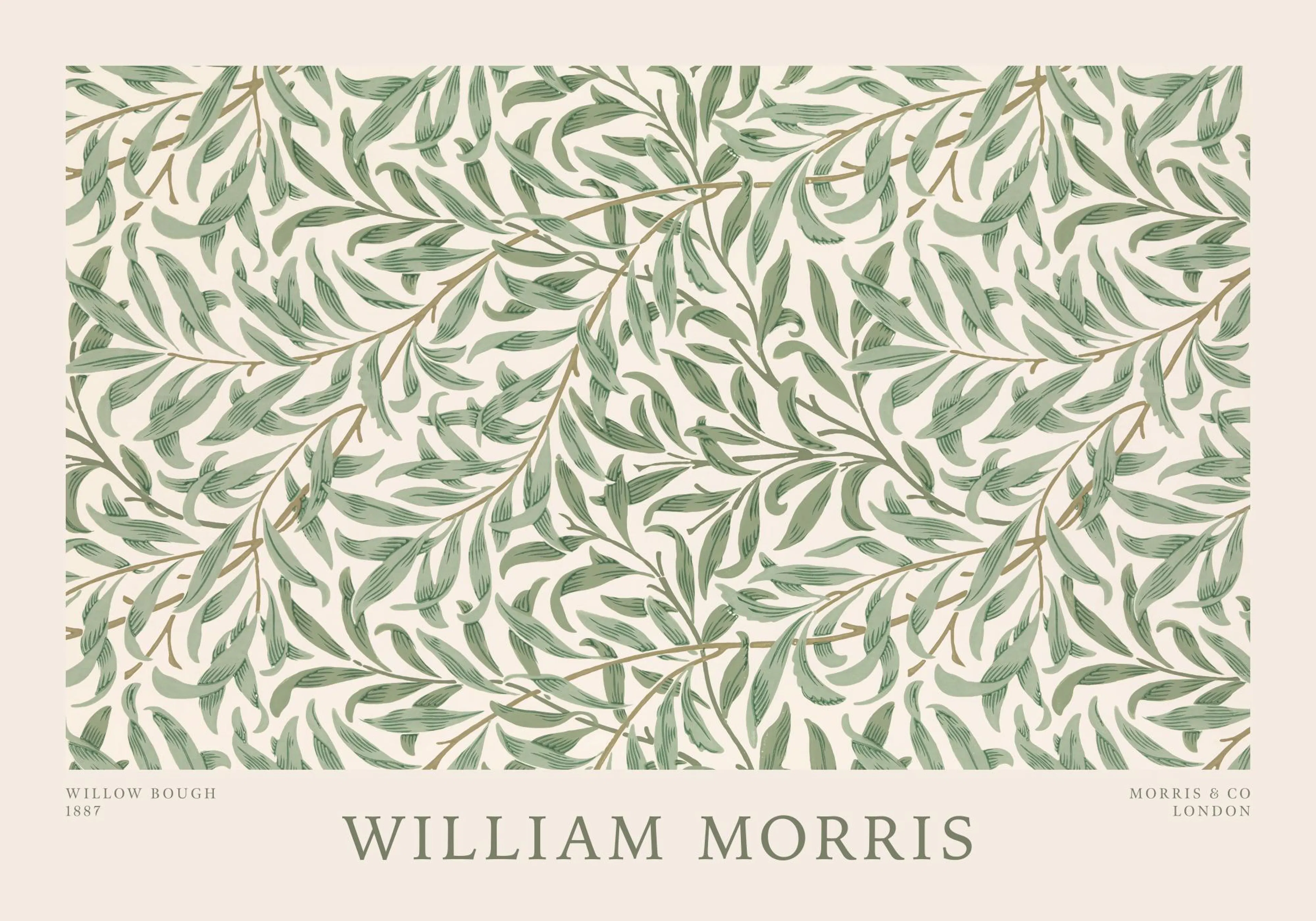 Plakat Williama Morrisa Willow Bough Landscape, zielone liście wierzby na beżowym tle, wzór botaniczny, sztuka secesyjna.