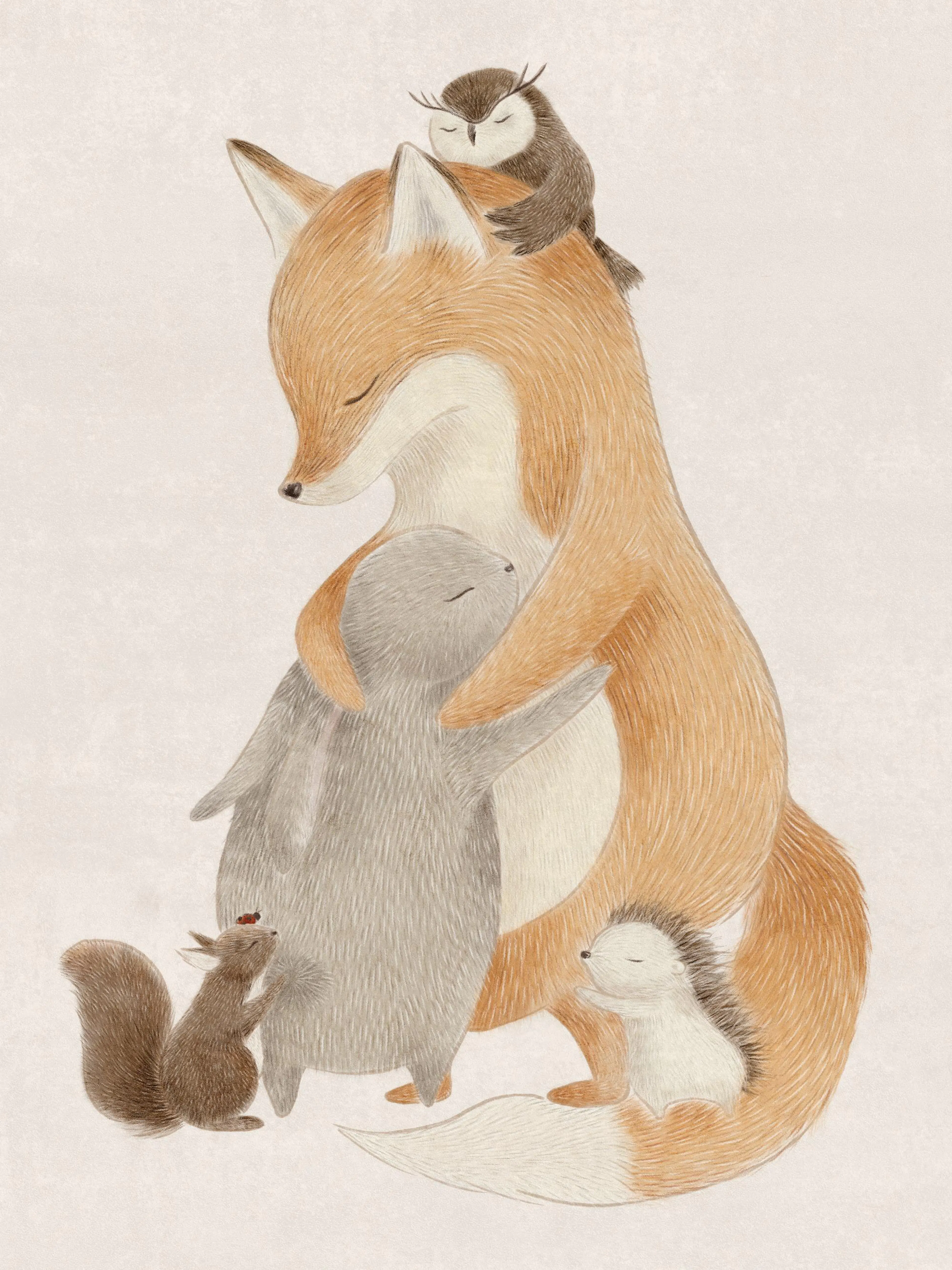Furry Friends Hug Print, woodland animals illustration with fox, bunny, squirrel, and hedgehog hugging, perfect for kids rooms.
