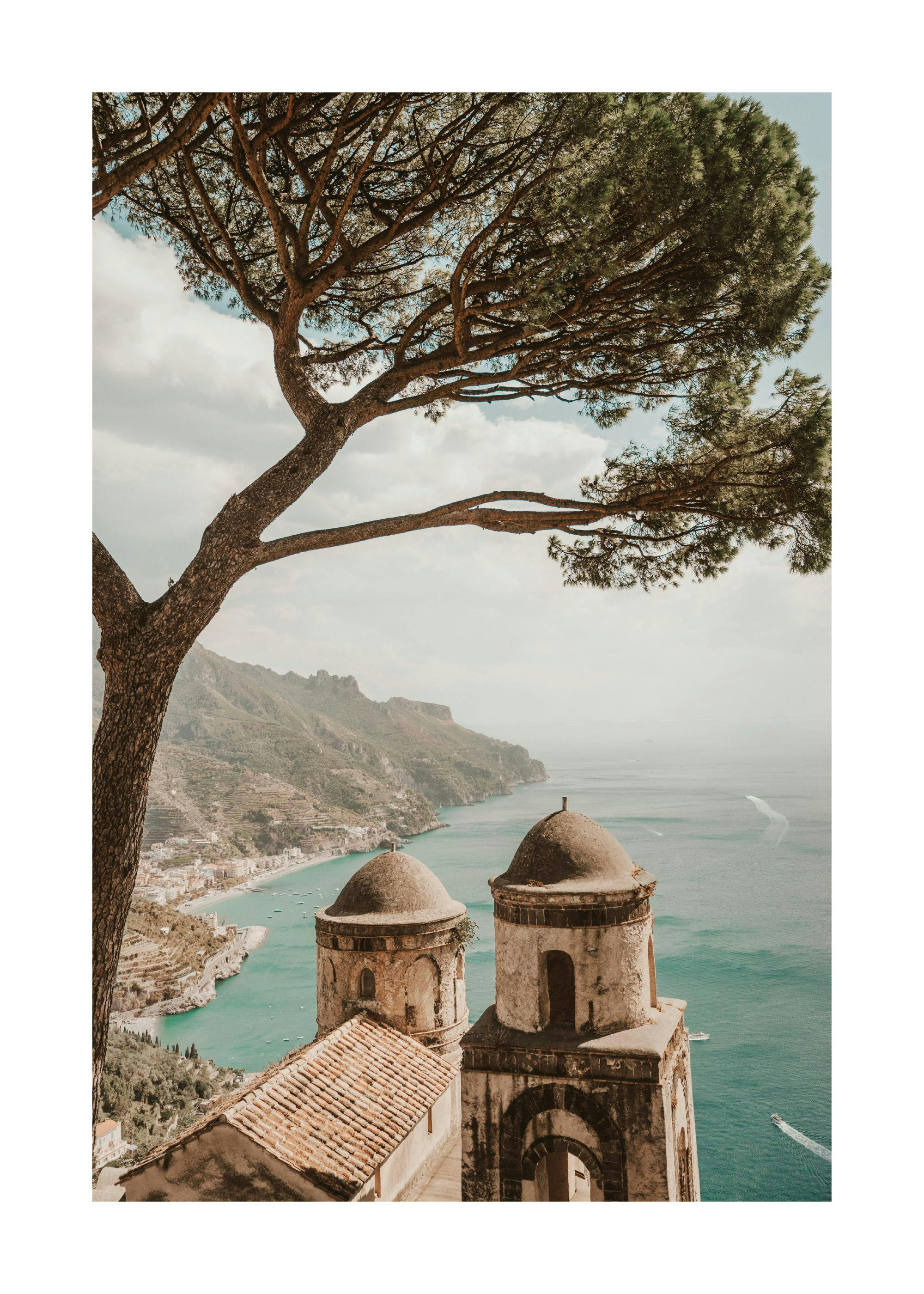 Amalfi Coast poster print with pine tree, historic buildings, and turquoise sea view.