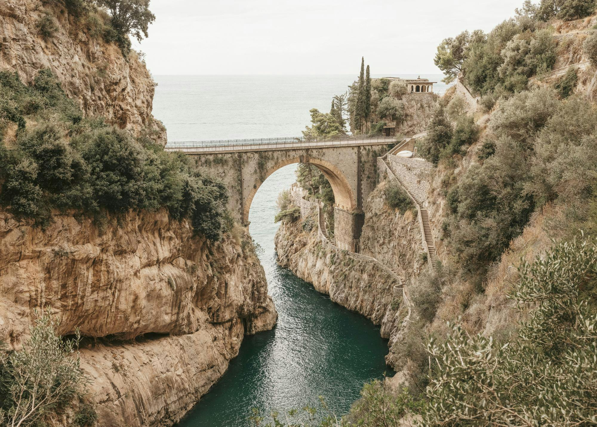 Fiordo di Furore bridge print, Amalfi Coast landmark, Italy travel poster, scenic ocean view.