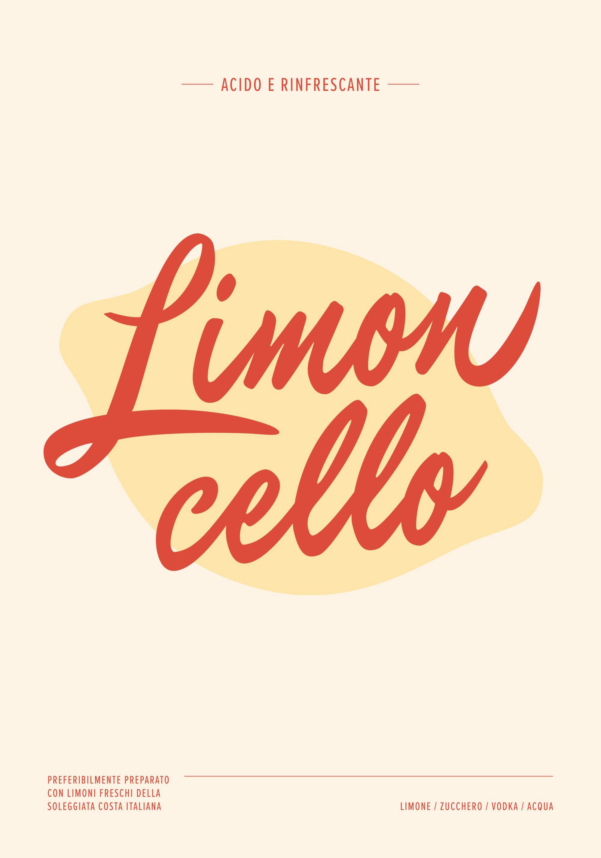 Poster med Limoncello skrivet i röd, kursiv text, placerat ovanpå en gul citronformad fläck på en ljusbeige bakgrund. Överst stå