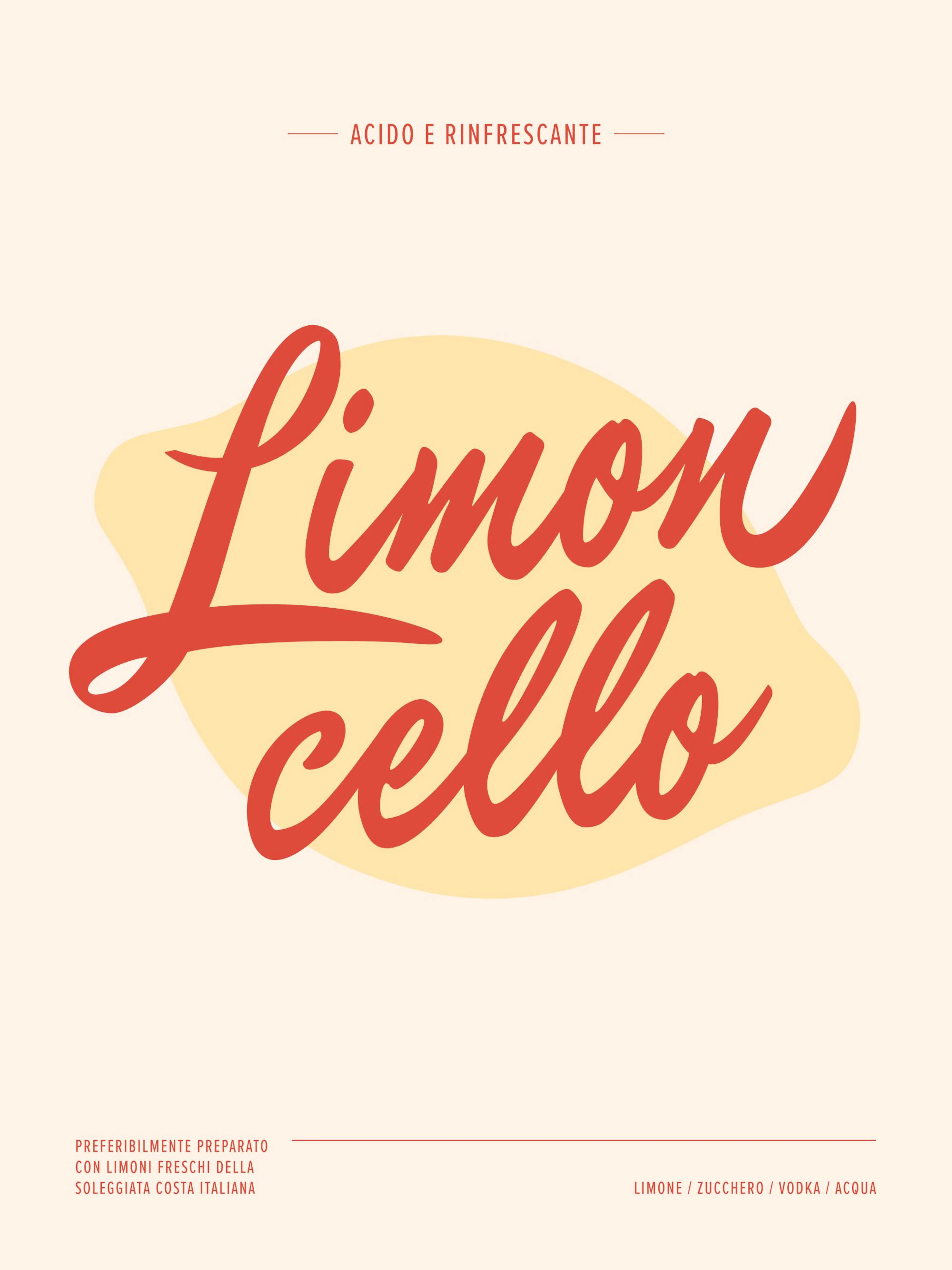 Poster met Limoncello in rood cursief lettertype op een gele citroenvormige achtergrond.
