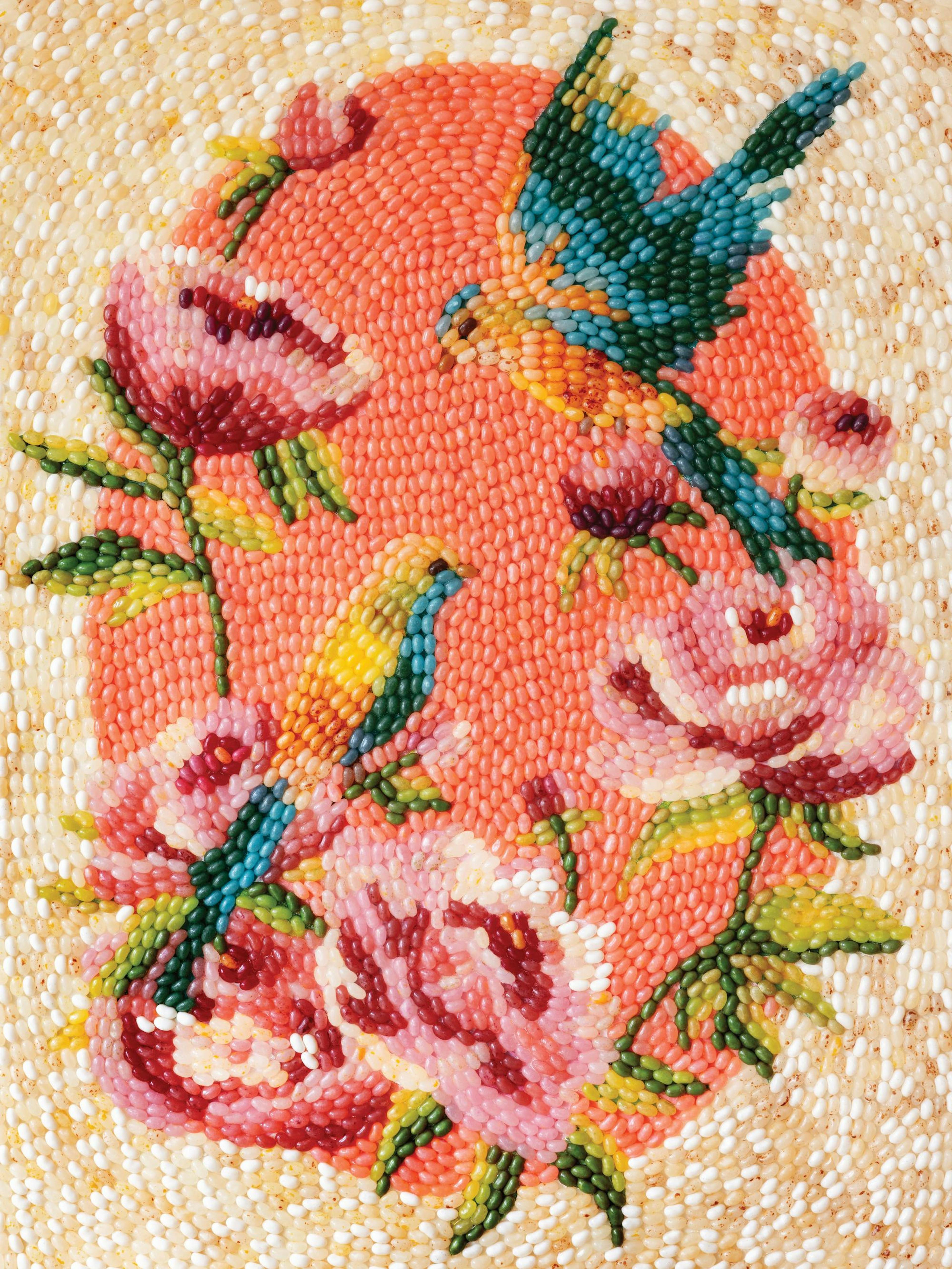 Jelly bean mosaic art of two colorful paradise birds and pink flowers on a peach background.