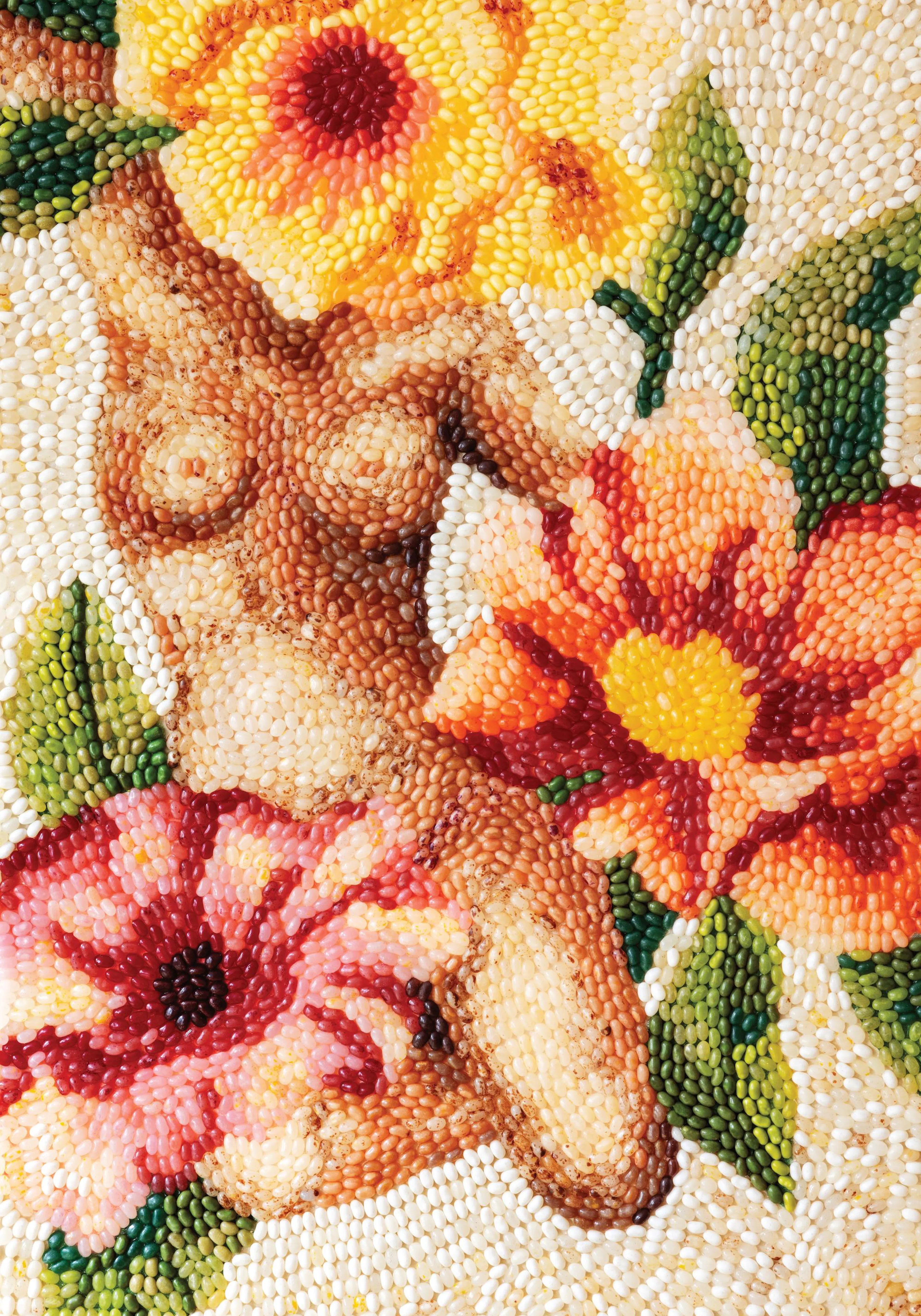 Floral figure print poster of a woman and flowers, created with jelly beans in a mosaic technique.