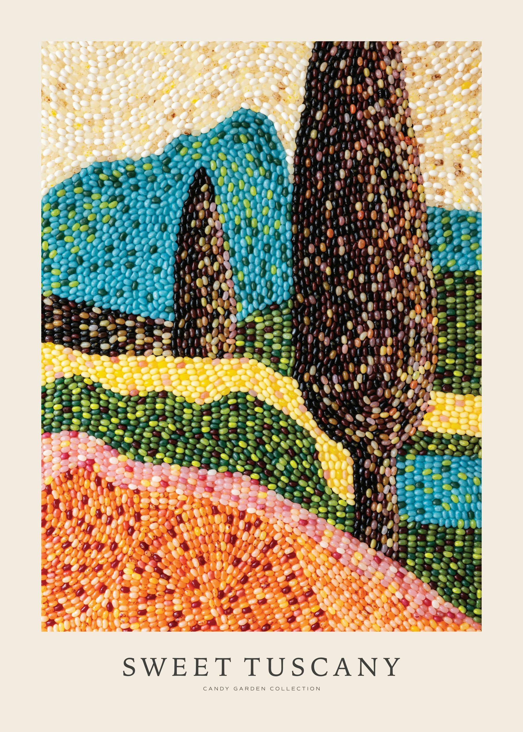 Poster: Toskana-Landschaft aus Jelly Beans, Candy Garden Kollektion, mit Hügeln, Zypressen und farbigen Feldern, Mosaikdesign.