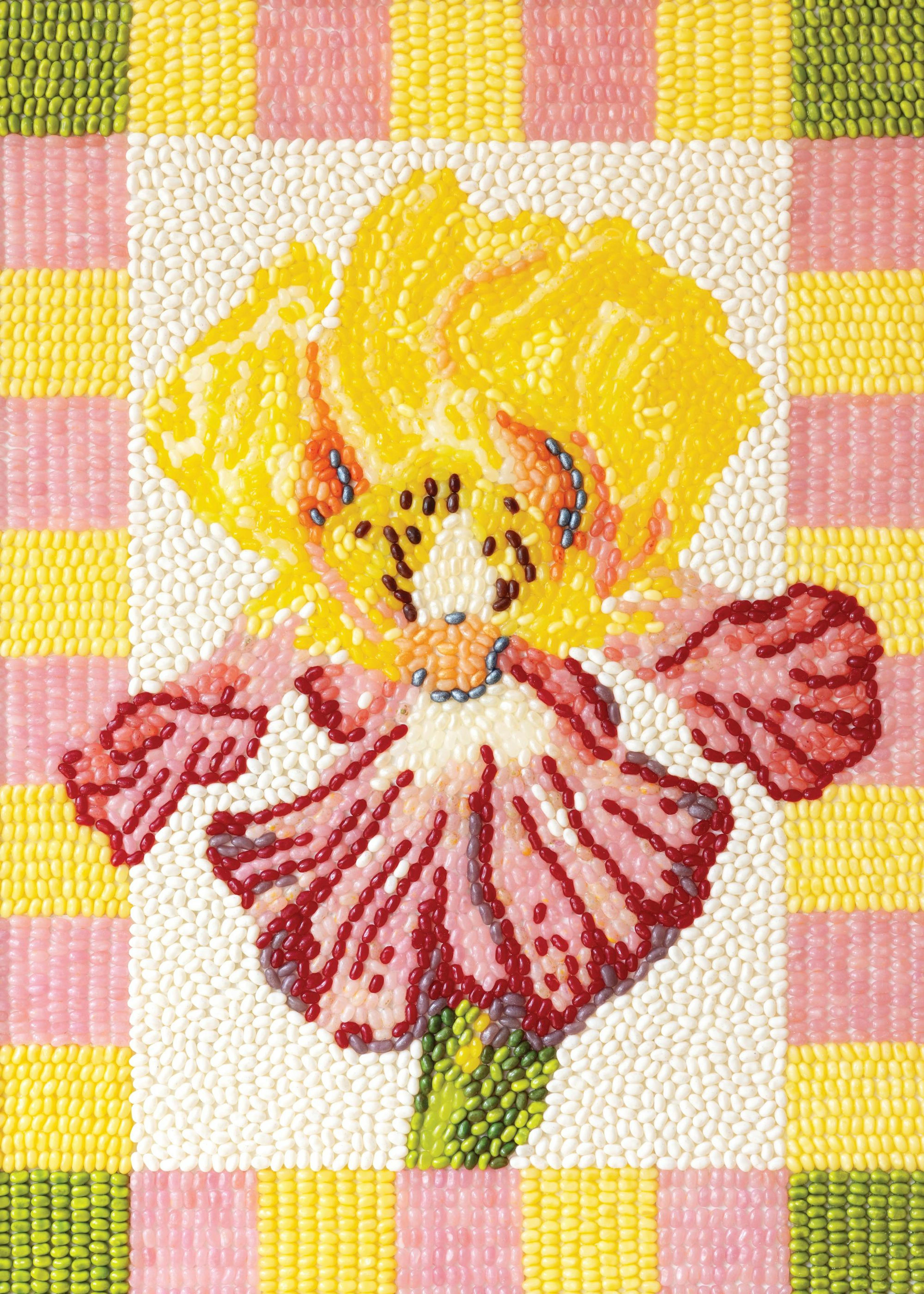 Poster einer Iris-Blume aus Bonbons in Mosaiktechnik, mit gelben Blütenblättern, rosa Blättern und grünem Stiel.