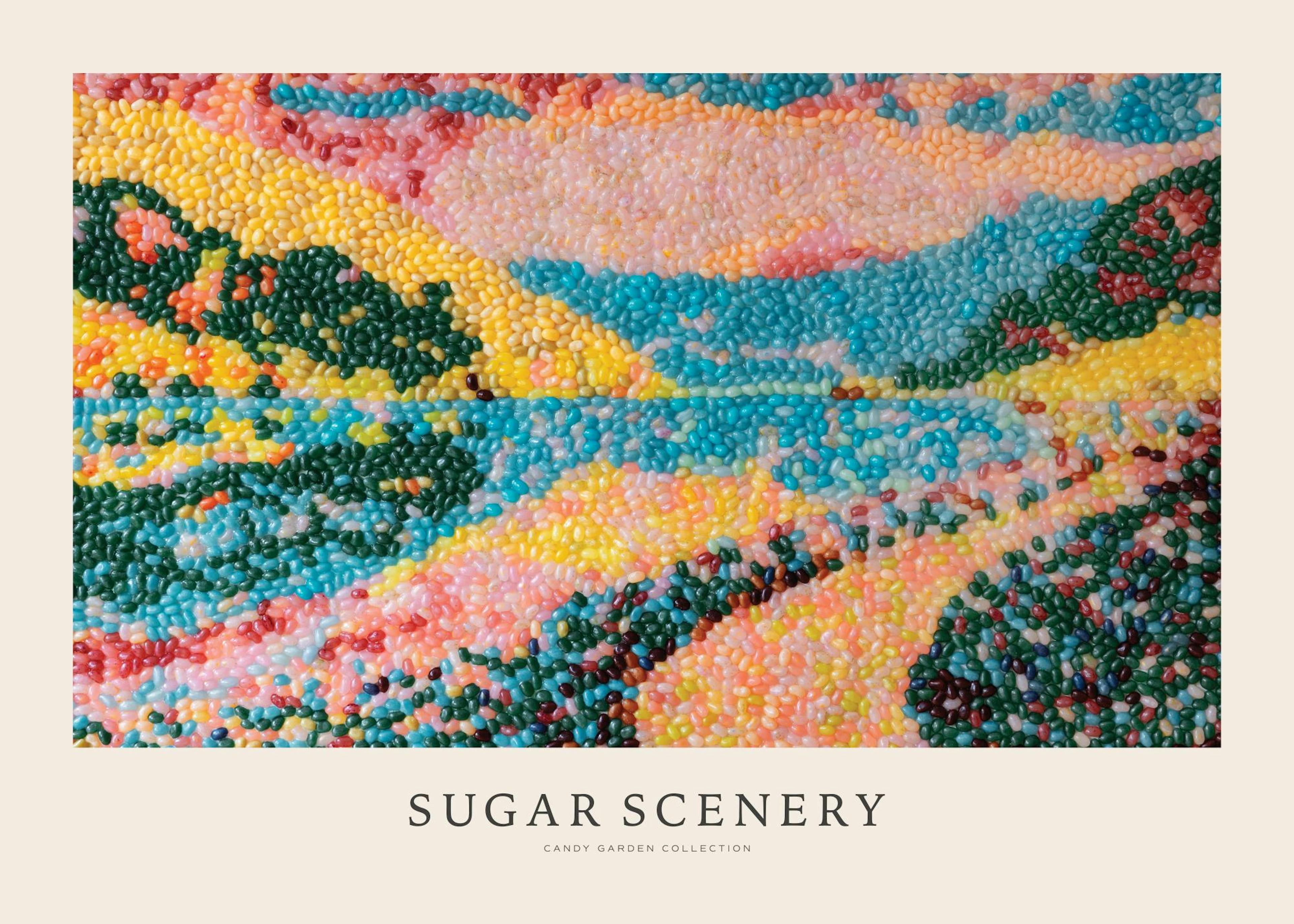 Poster aus Jelly Beans in Mosaiktechnik, farbenfrohe Landschaft mit Hügeln, Himmel und Wasser, Candy Garden Kollektion.