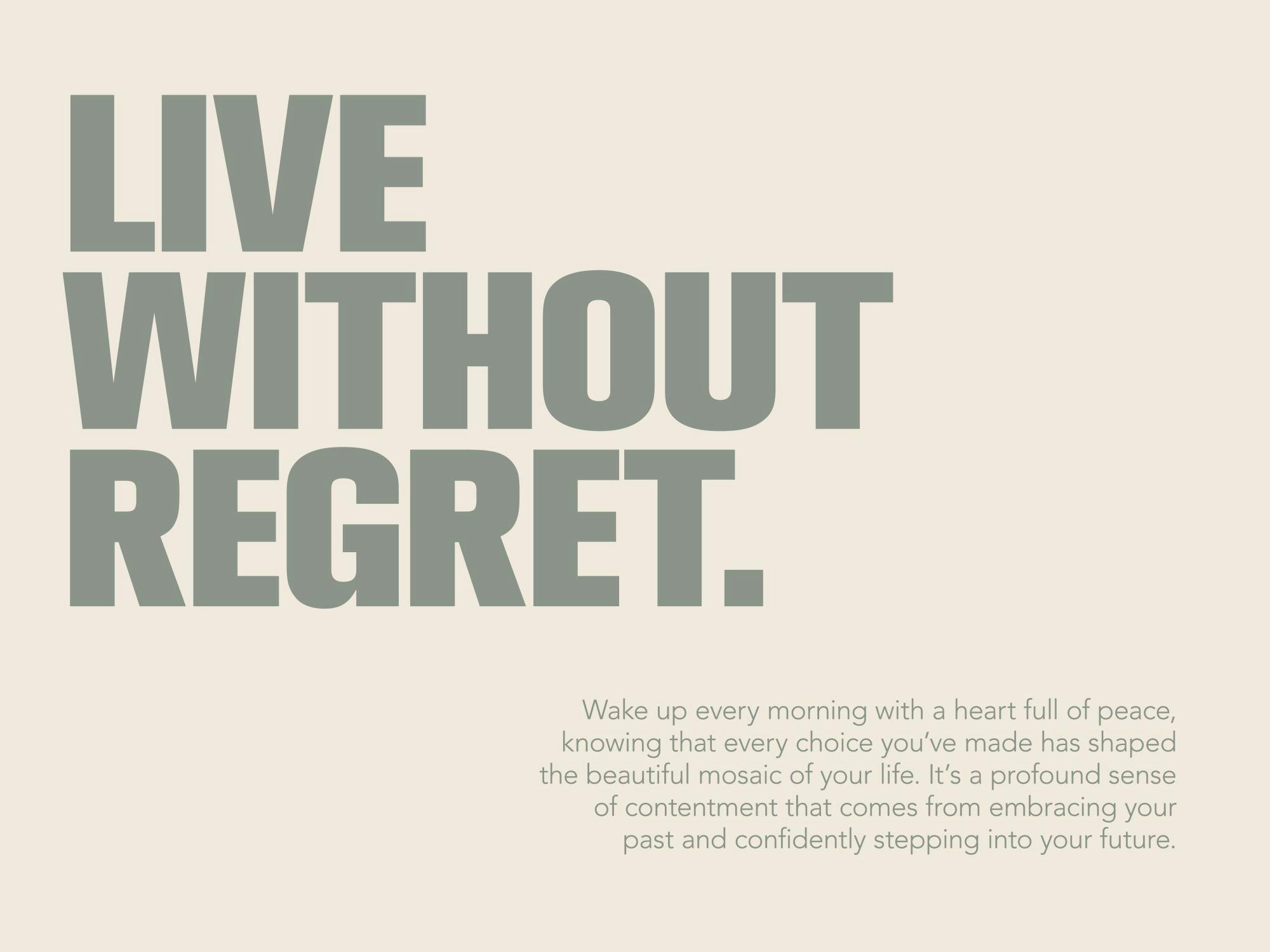 Affiche typographie avec les mots Live Without Regret en vert sur fond beige clair
