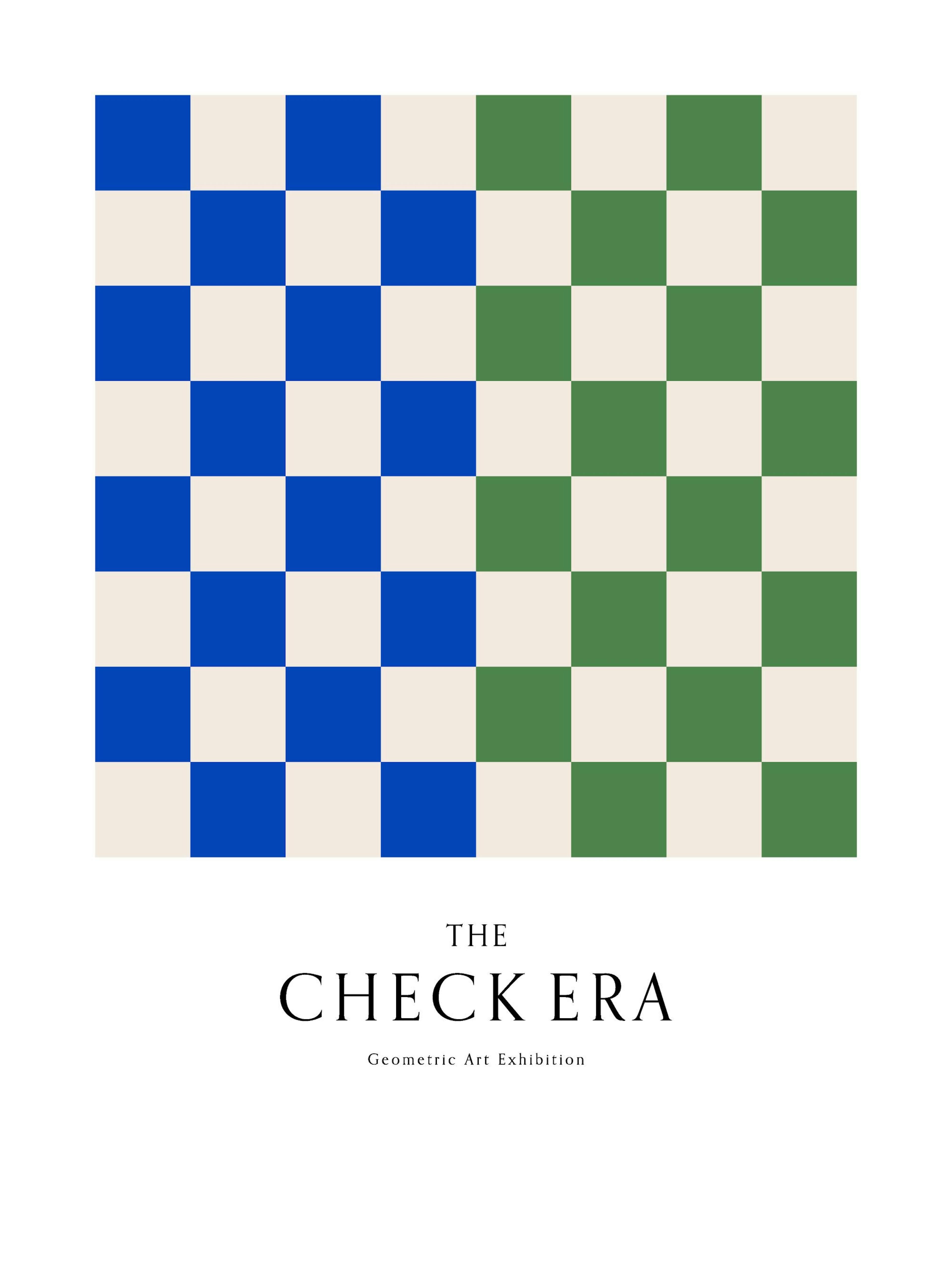 Schackrutig poster med gröna, blå och vita rutor, geometriskt mönster för väggdekoration.