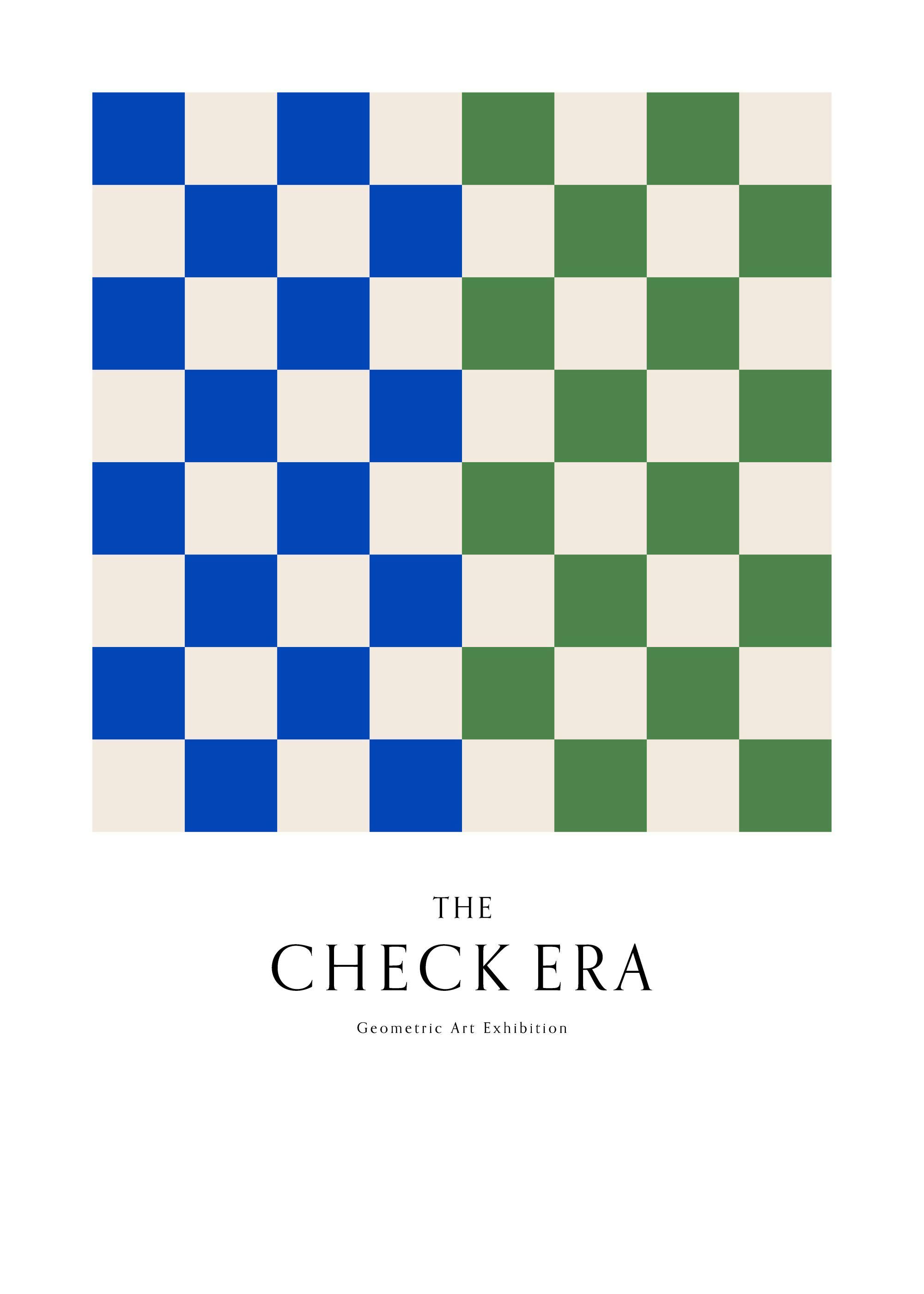 Schackrutig poster med gröna, blå och vita rutor, geometriskt mönster för väggdekoration.