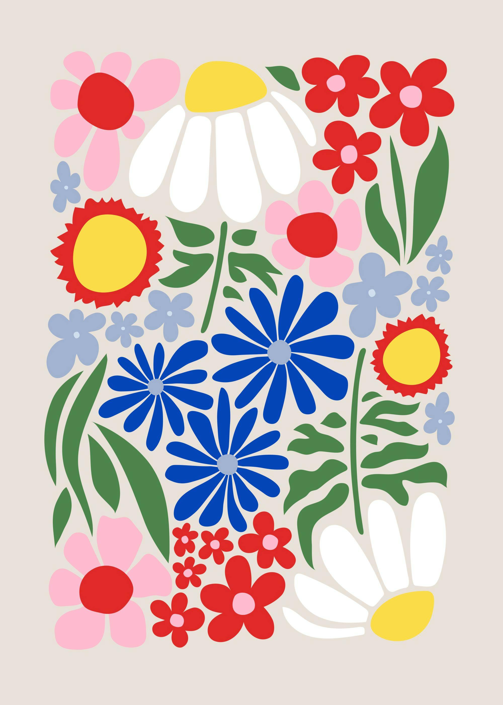 Blumen-Illustrationsposter im 60er-Jahre-Stil mit bunten Blüten in Rot, Pink, Blau und Weiss, sowie grünen Blättern.