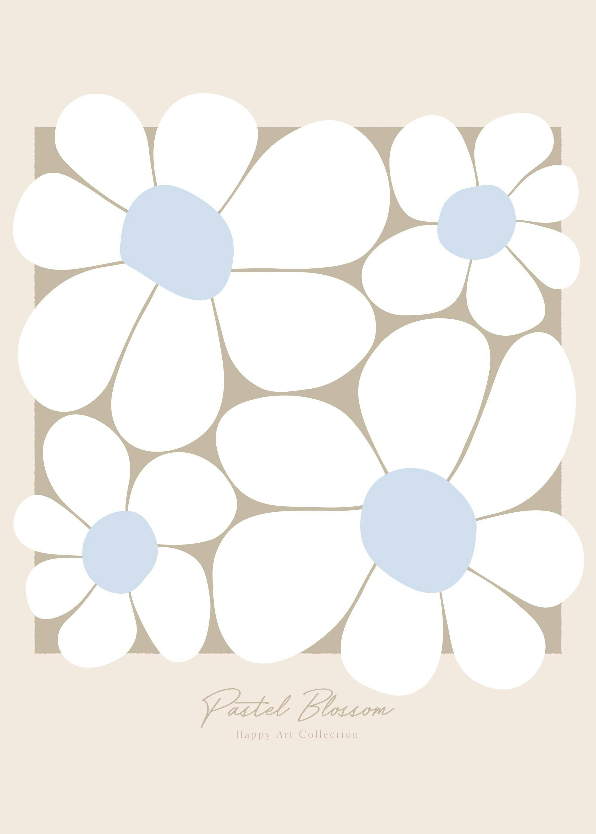 Pastelblüten-Poster mit vier stilisierten weißen Blumen und hellblauen Mittelstücken, 60er Jahre Blumenillustration.