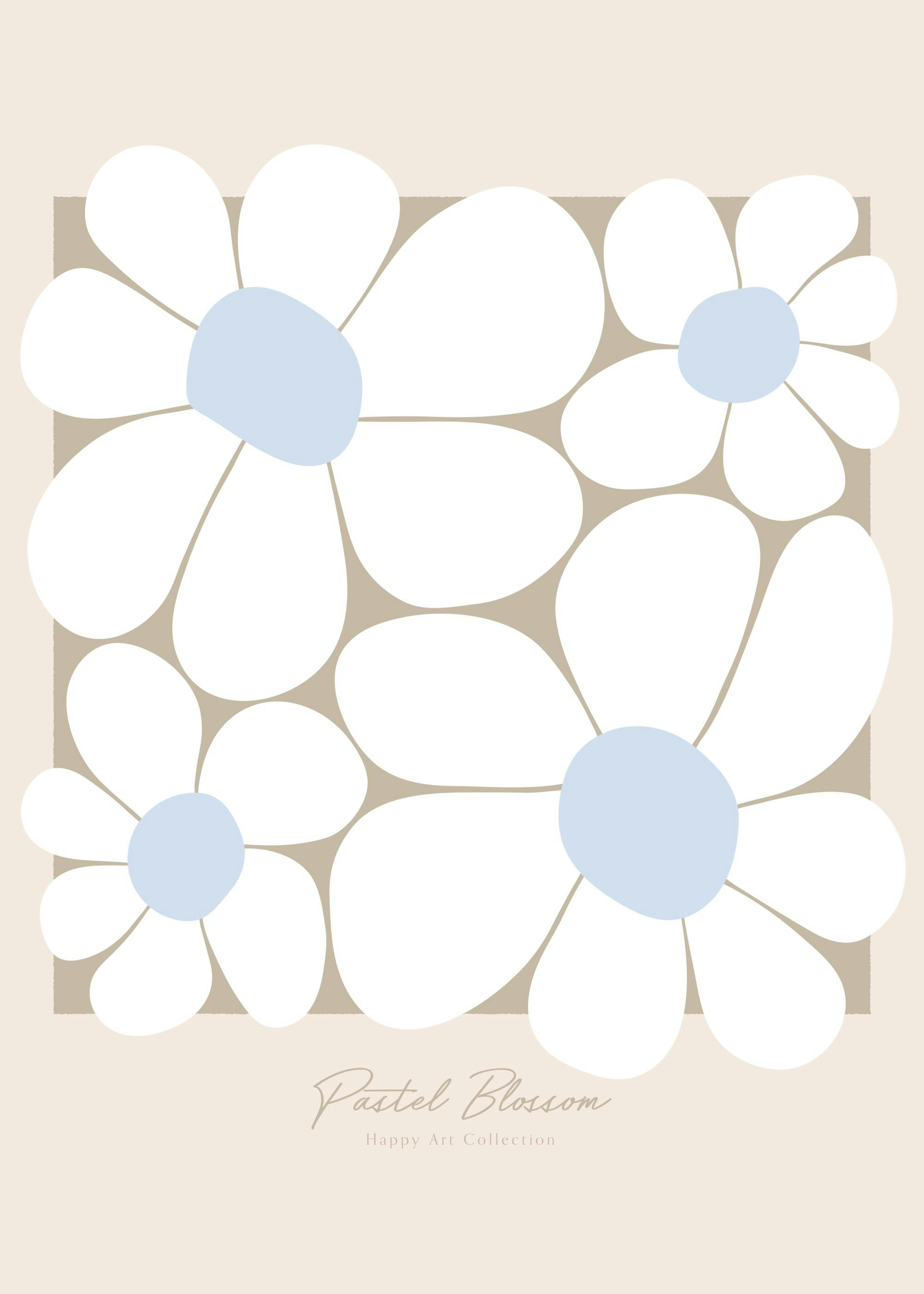 Pastell Blossom Poster: Illustriertes Blumenmotiv im Stil der 60er Jahre mit weißen Blütenblättern und hellblauen Blütenkernen.