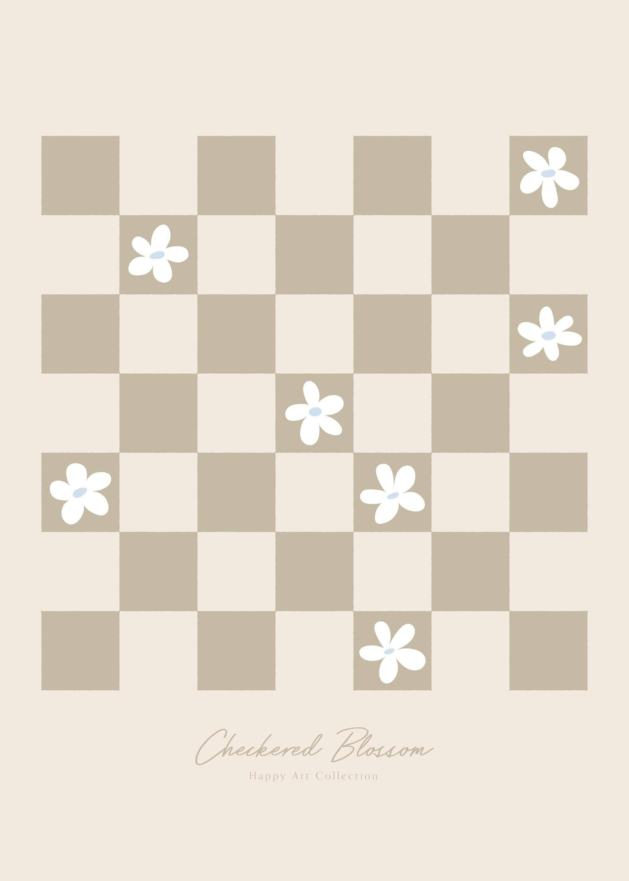Póster de cuadros con flores blancas y fondo beige, diseño cuadrícula