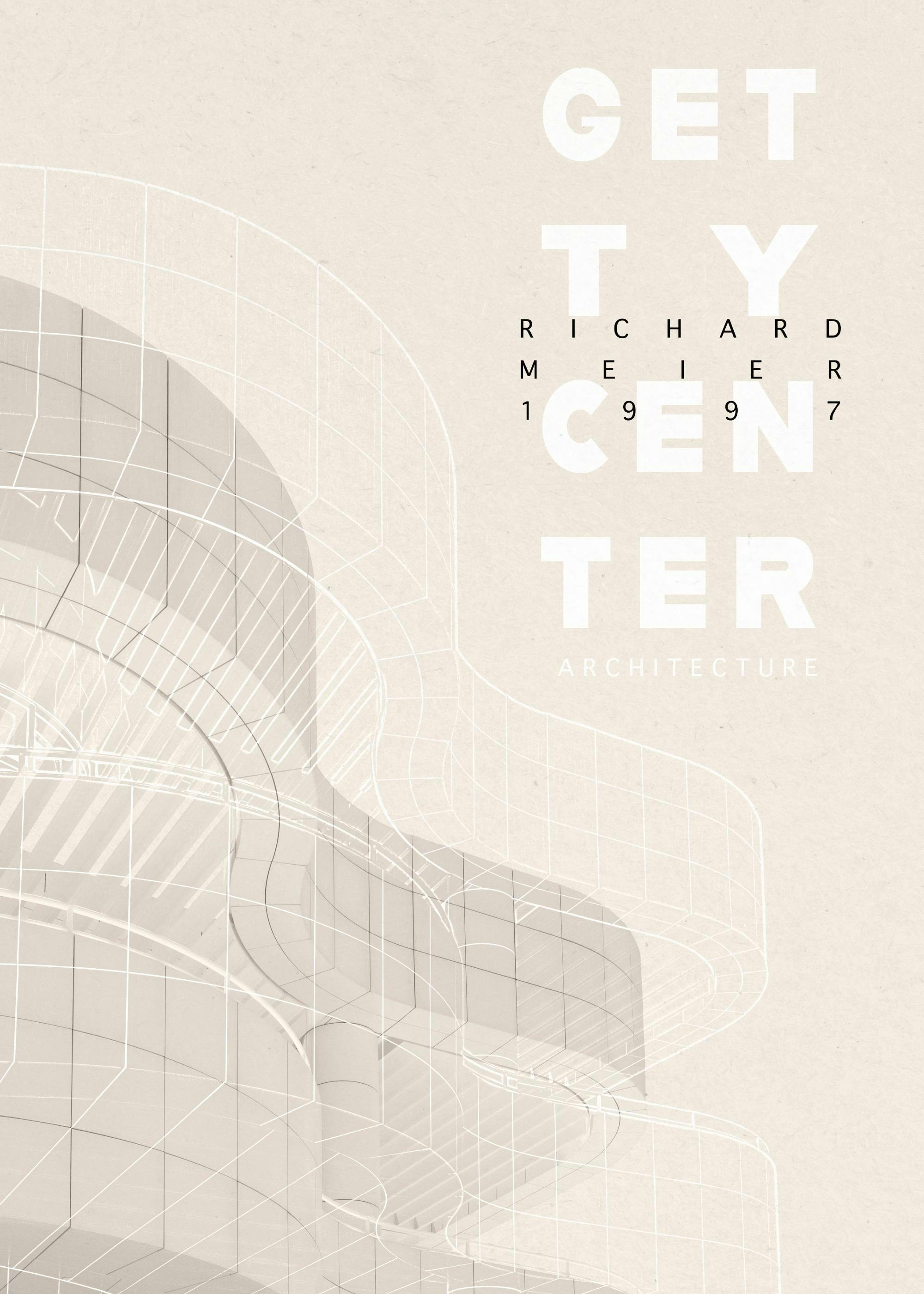 Getty Center architectural print, beige and white textured poster with building illustration.