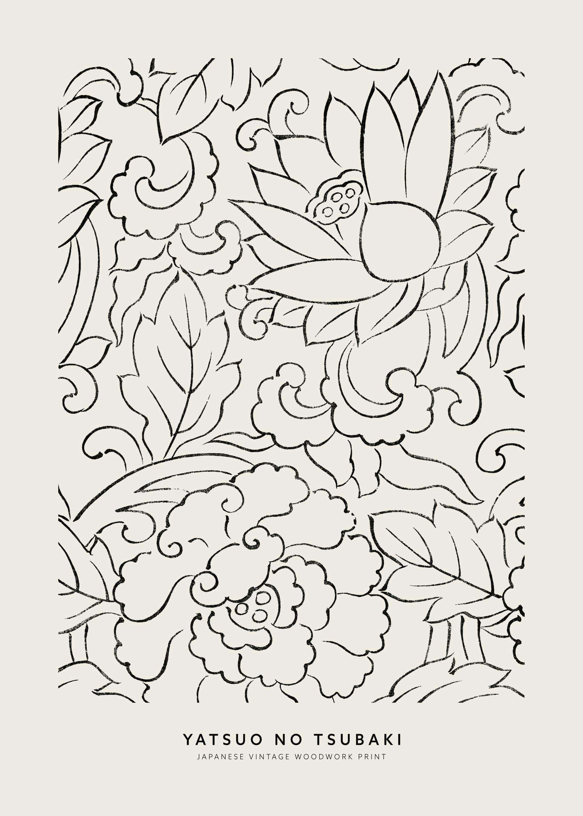 Japanisches Vintage-Poster mit schwarzen Linienblumen, Blättern und Wolken auf cremefarbenem Hintergrund.