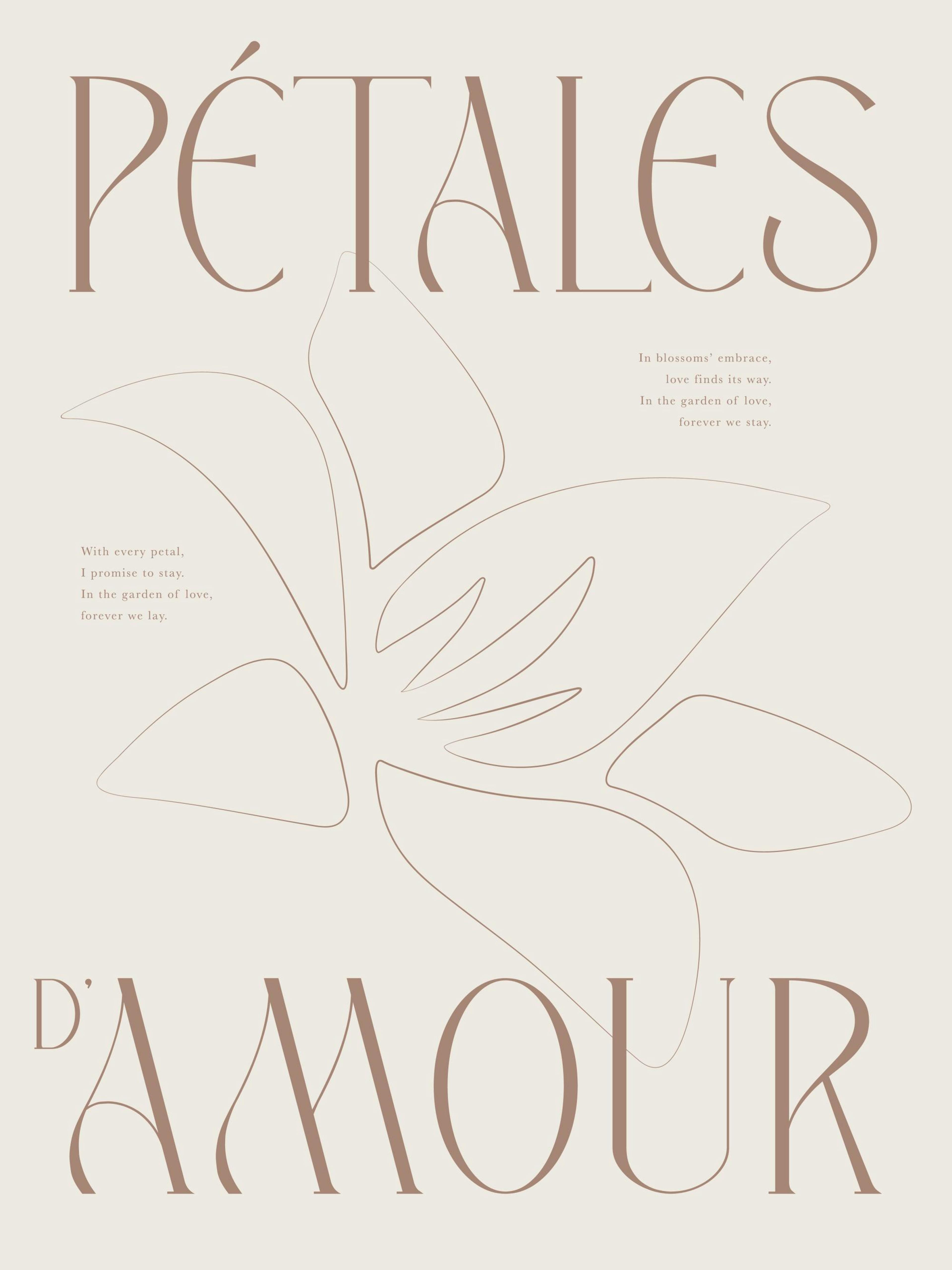 Pétales dAmour Poster mit abstrakten Blütenblättern und eleganter Typografie, die Liebe symbolisieren.