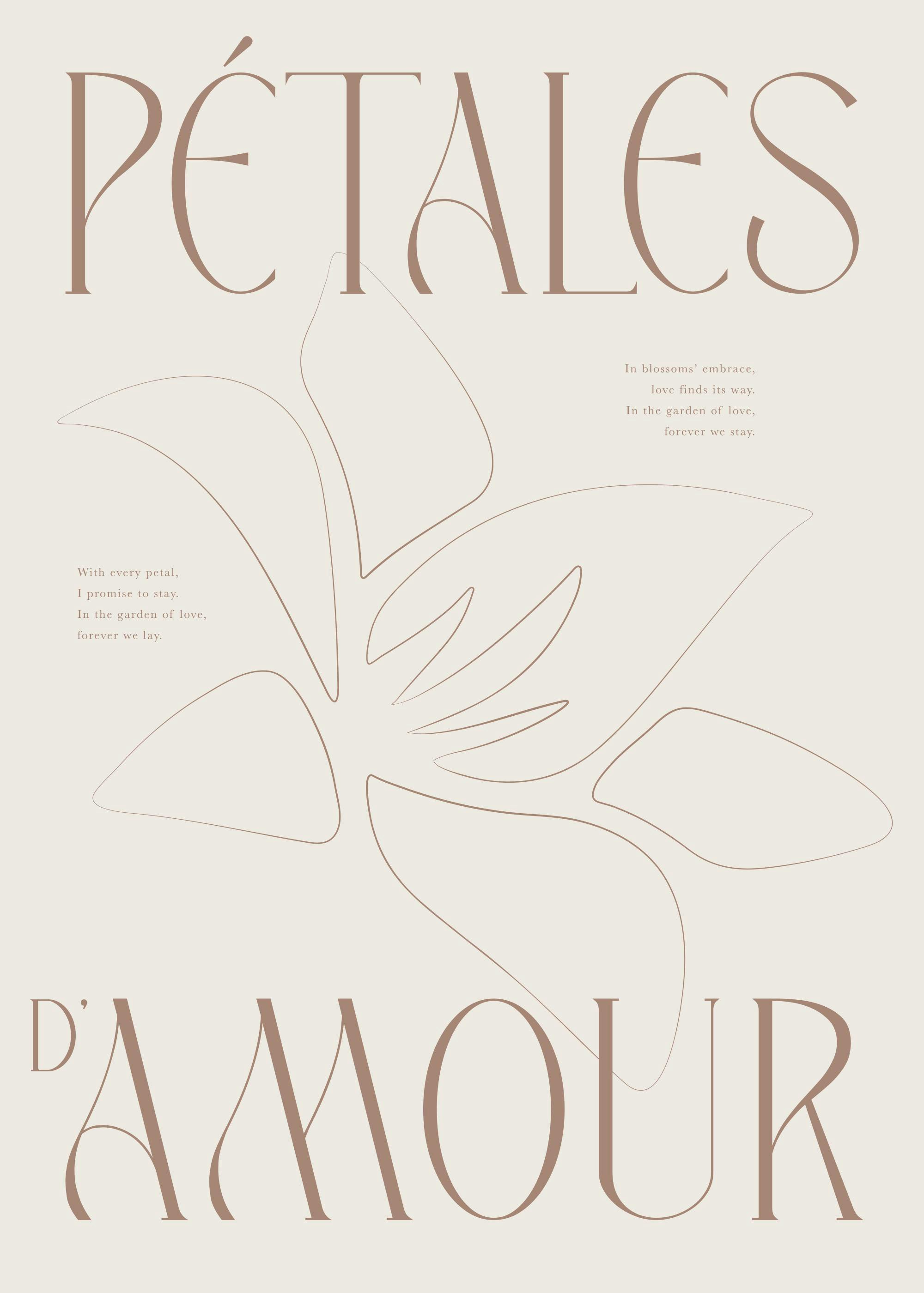 Pétales dAmour poster med abstrakt blomma, text i brunt, och citat om kärlek på beige bakgrund.
