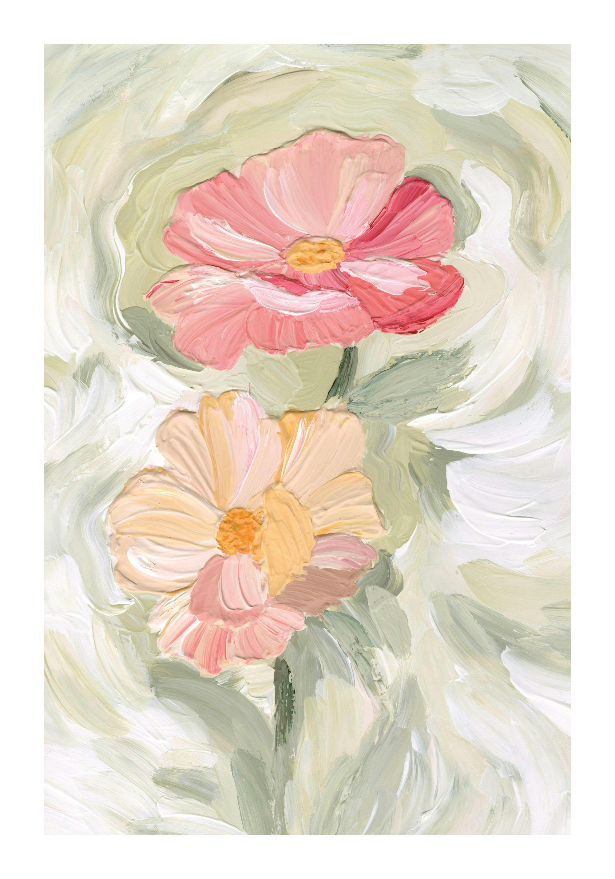 Målad poster med två pastellfärgade blommor, en rosa och en persikofärgad, mot en grönskande bakgrund.