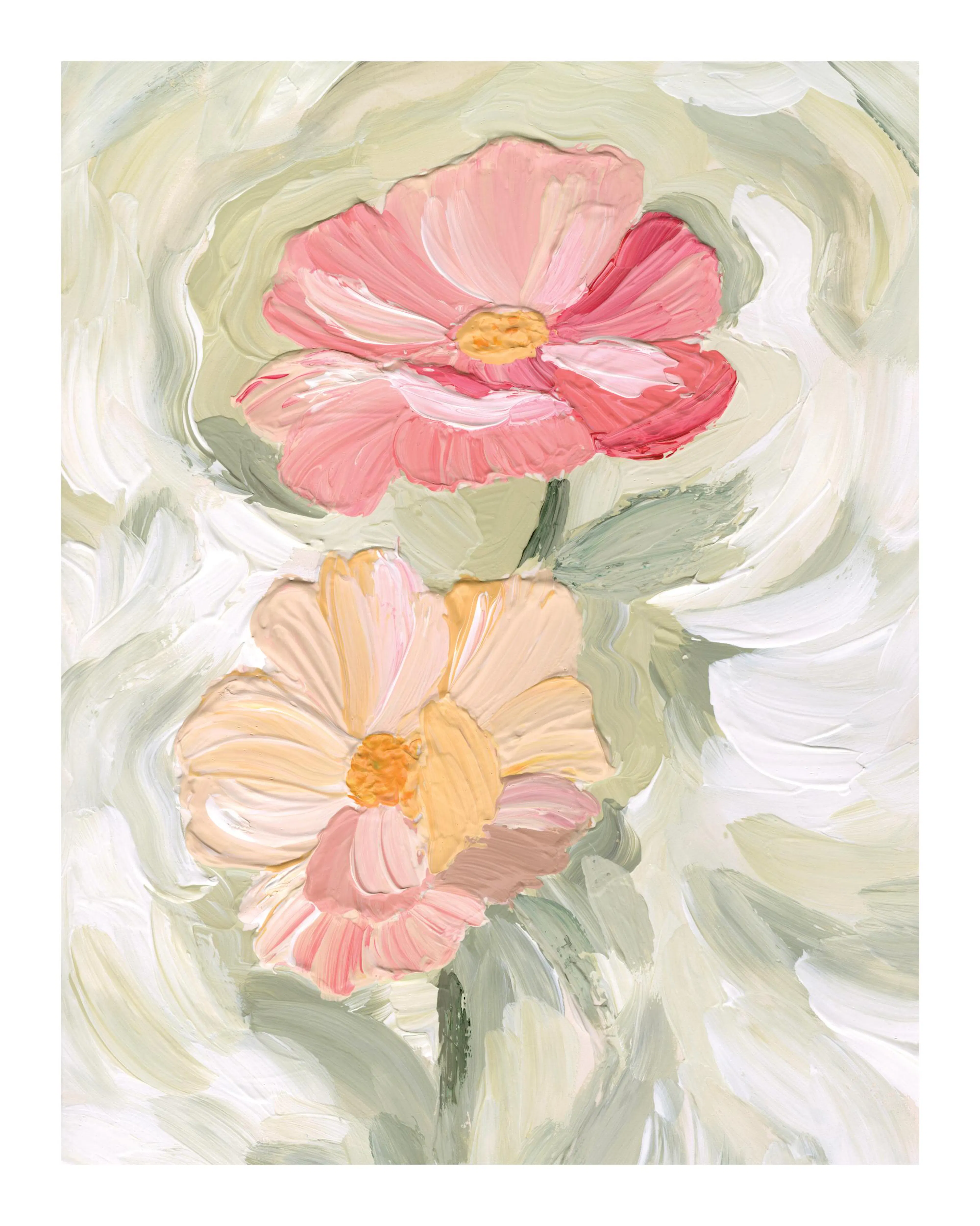 Póster de dos flores pintadas con textura, una rosa y otra melocotón, sobre un fondo de pinceladas suaves en tonos pastel. Arte 