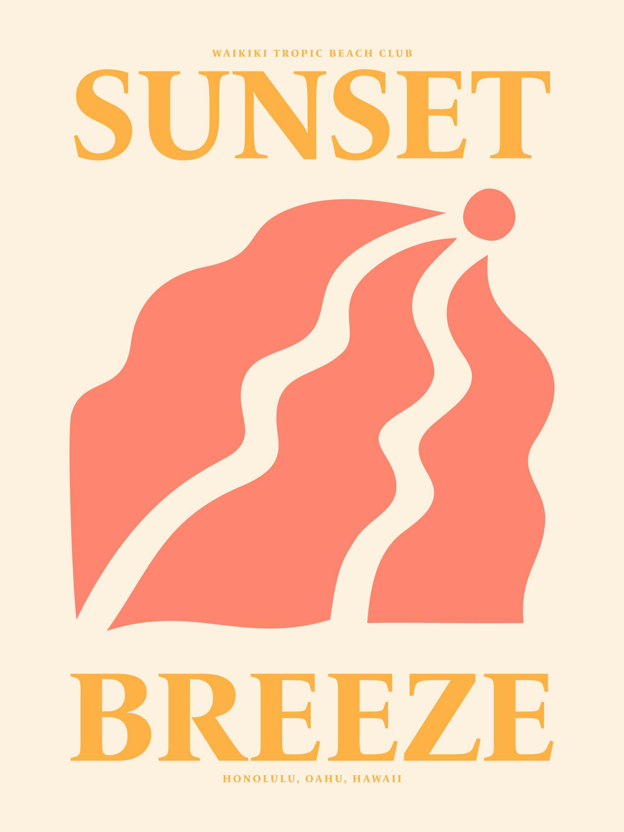 Grafisk poster där rosa-beige vågor symboliserar en solnedgång med texten Sunset Breeze i gult.