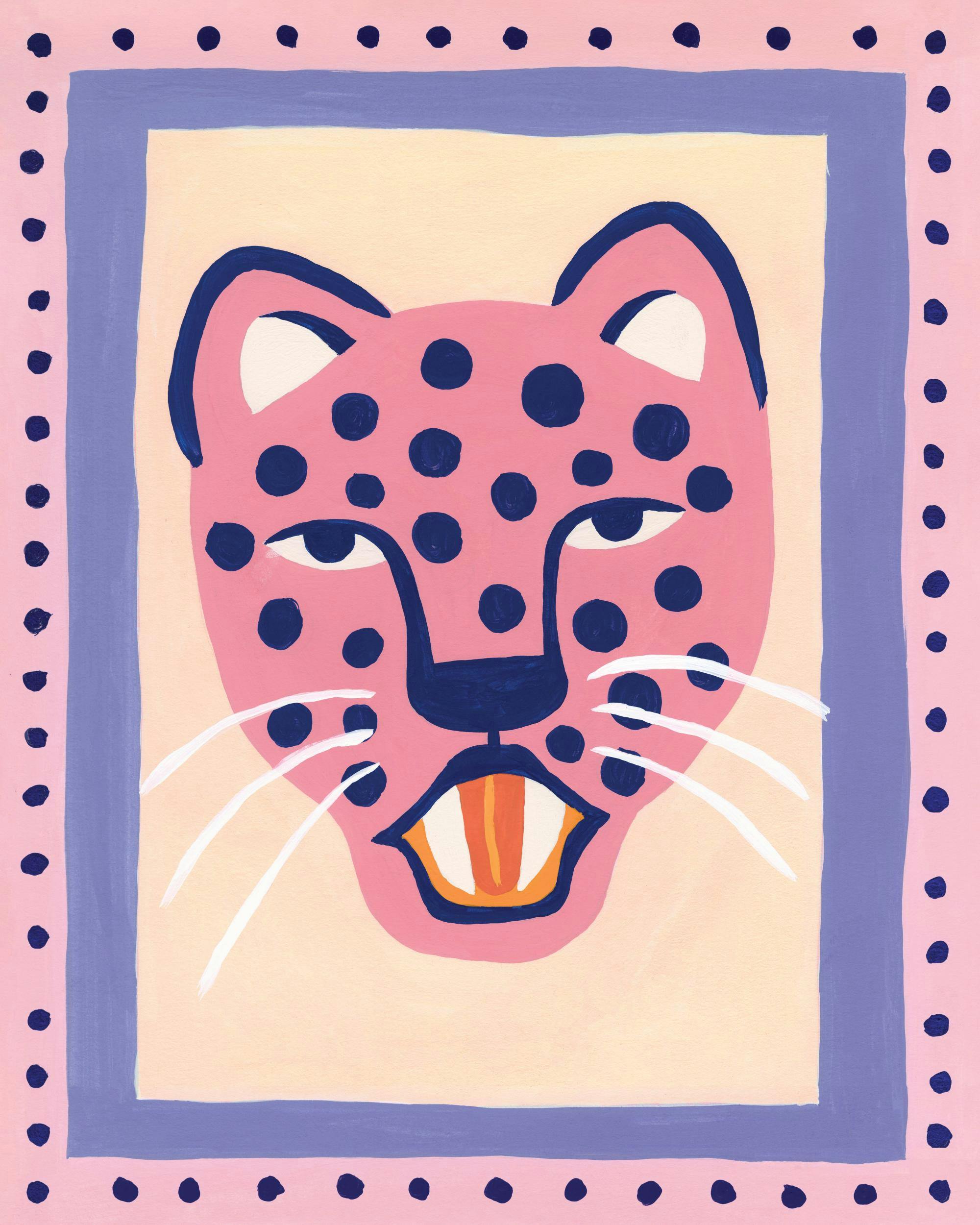 Rosa gepard med blå fläckar, inramad av ett prickigt mönster i rosa och lila. Lekfull konst, djurmotiv.
