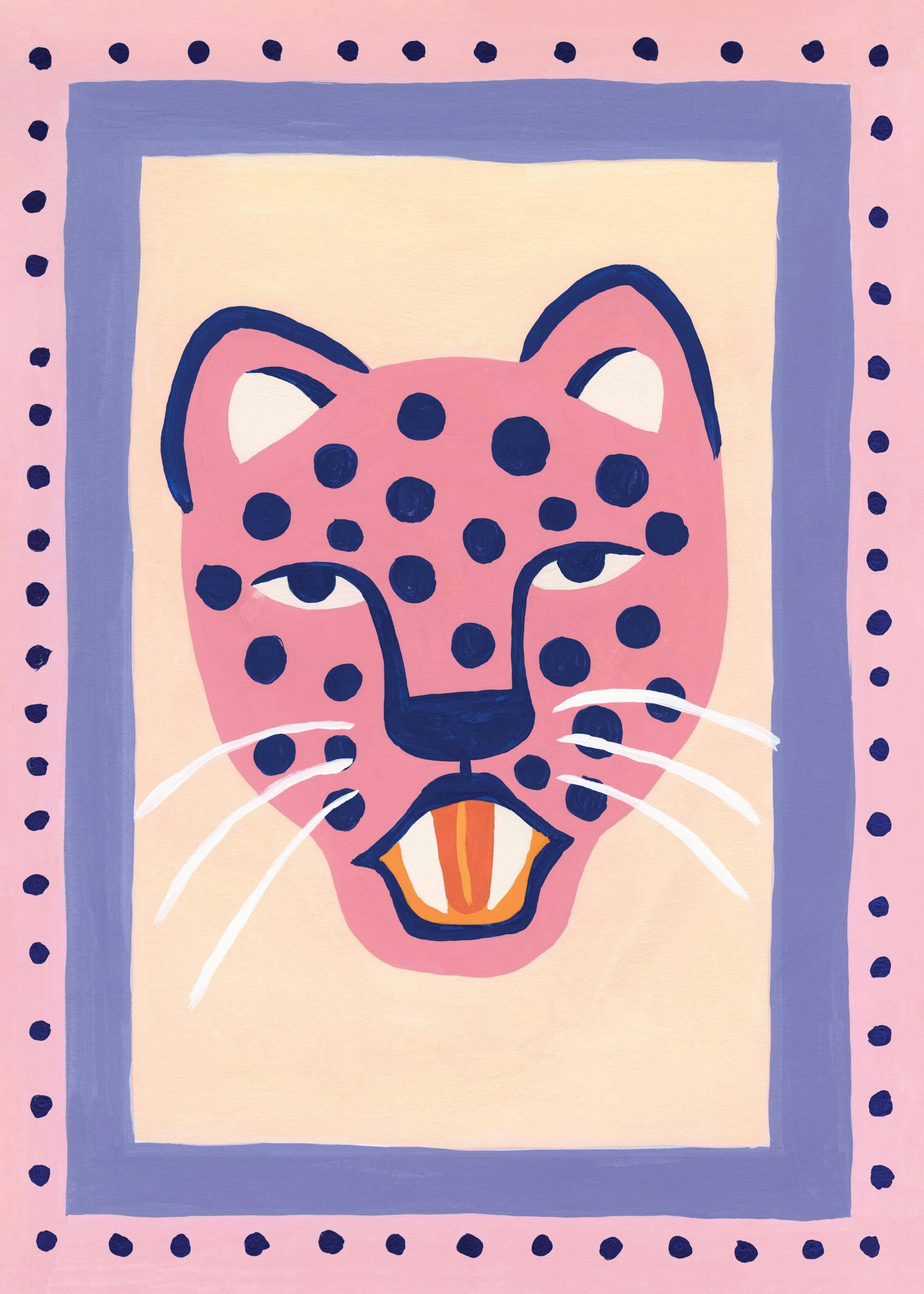 Kunstplakat med rosa gepard, blå flekker, innrammet av lilla og rosa prikkete mønster.