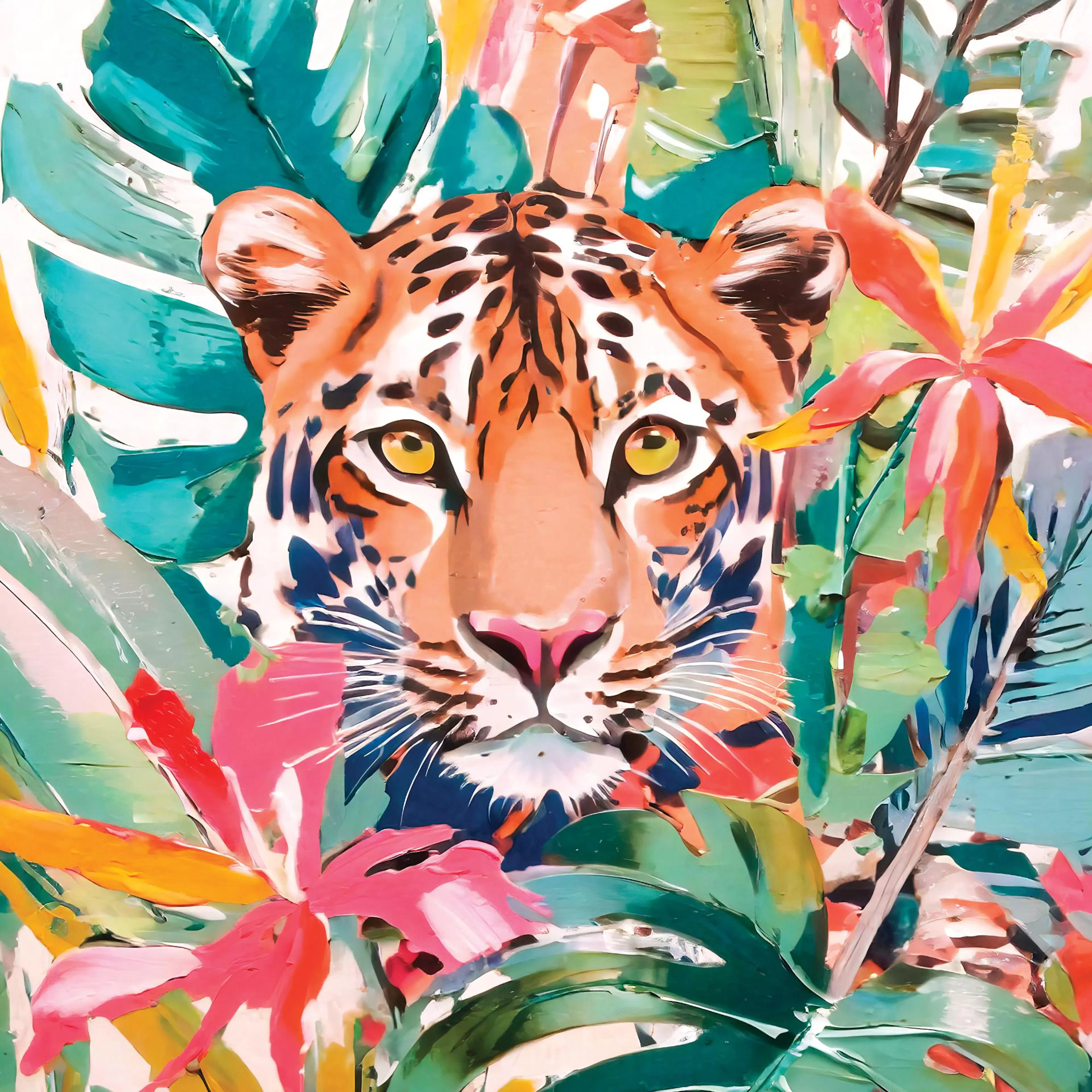 Poster di tigre tropicale con colori vivaci e accenti floreali, stile pennellata.