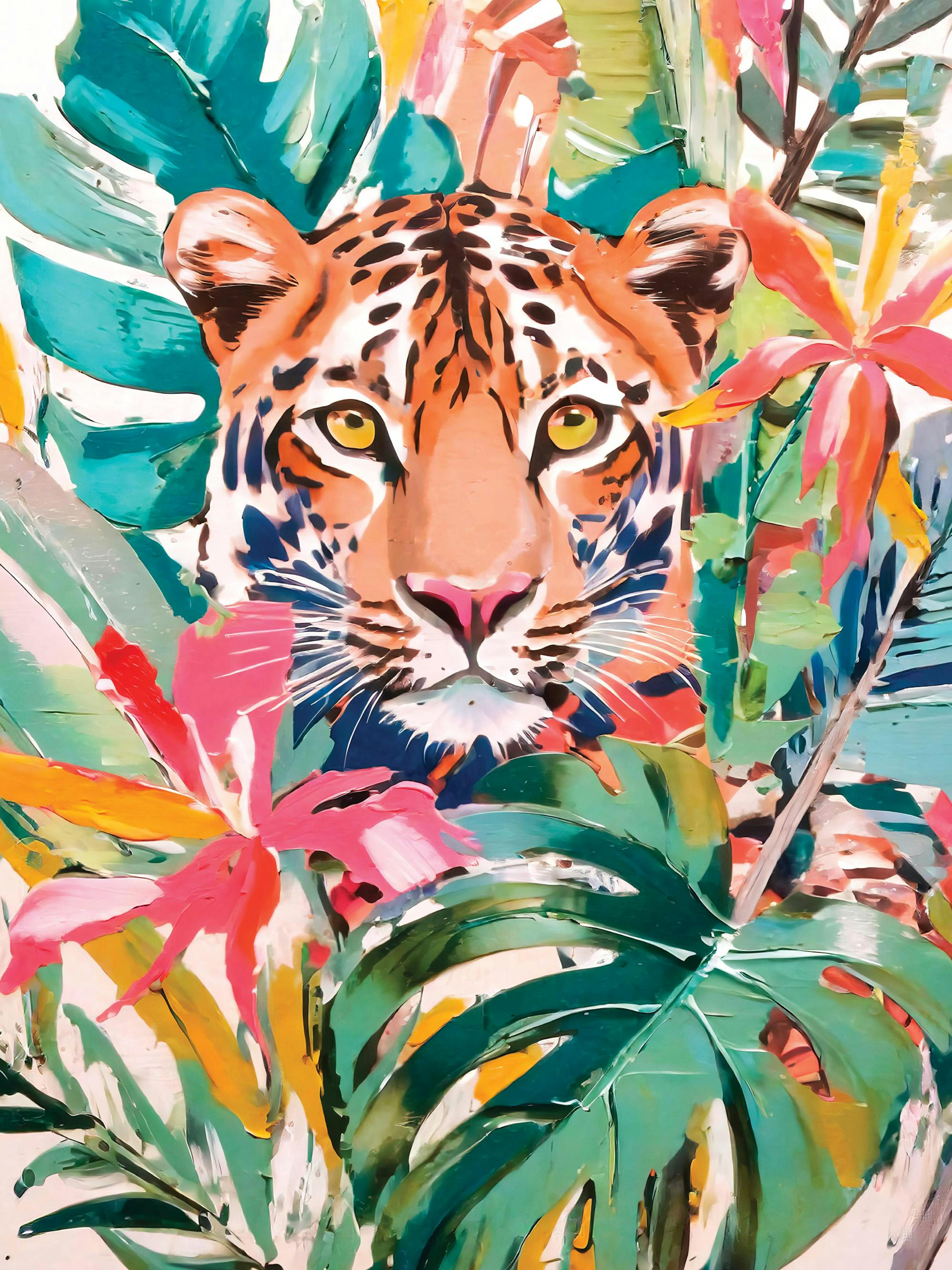Vibrant tropical tiger poster with bold brushstrokes, lush green leaves, and pink and orange flowers, perfect for a colourful ho
