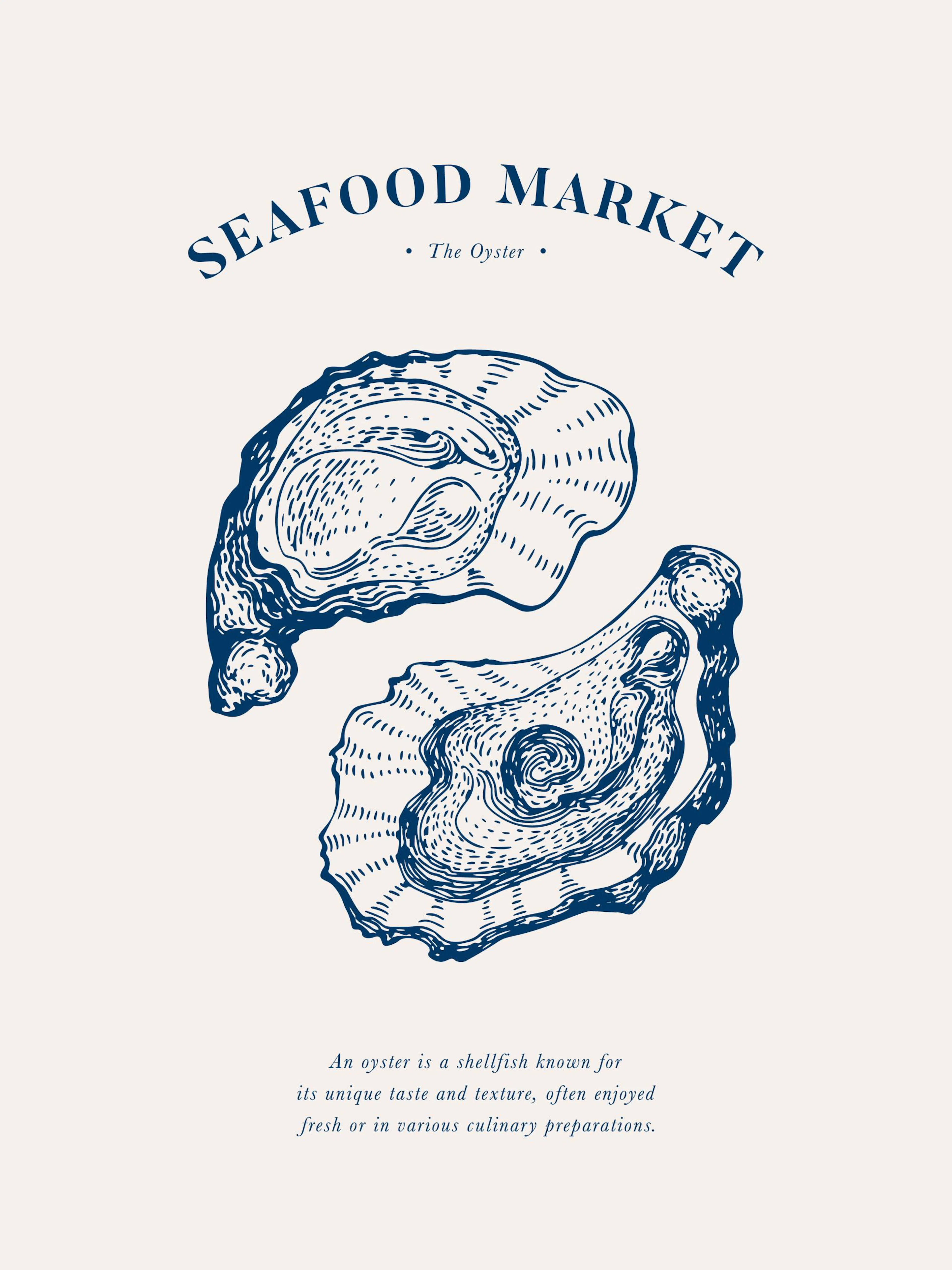 Plakat z dwiema niebieskimi ostrygami na jasnobrązowym tle i napisem Seafood Market.