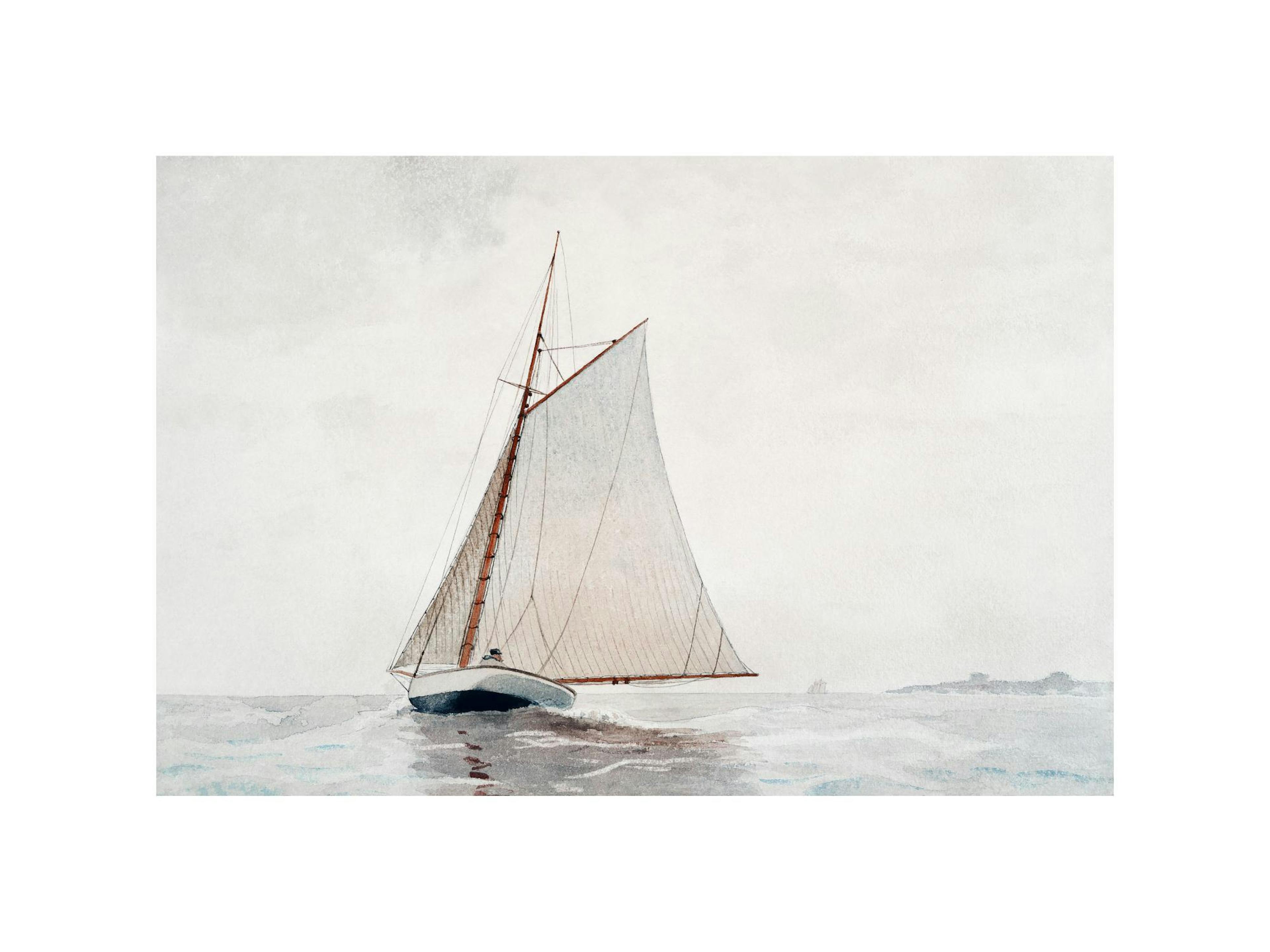 ウィンスロー・ホーマー作、穏やかな海を進む帆船の絵画。霧がかった水面を航行する帆船が描かれた、手描き水彩画風のプリント。