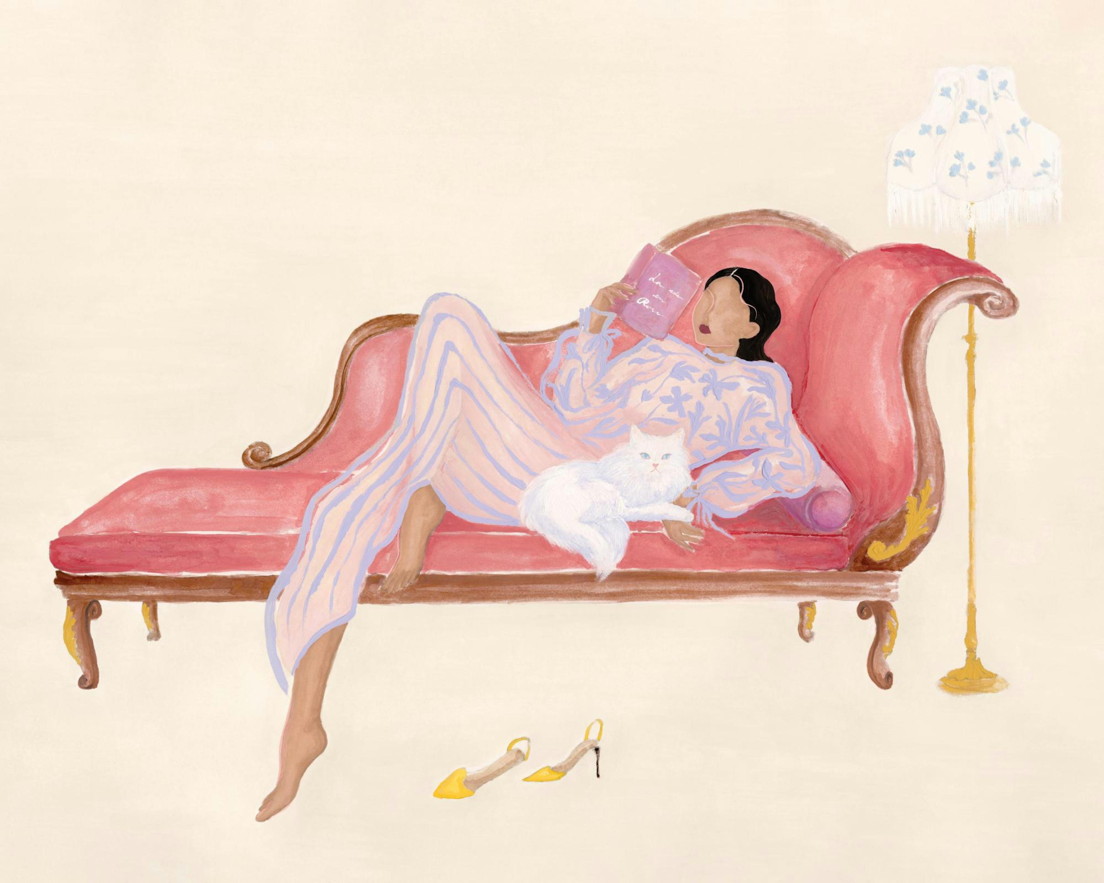 Handgemaltes Poster: Frau lesend auf rosa Chaiselongue, hellpfirsichfarbener Hintergrund, Dani Klaric Kollektion