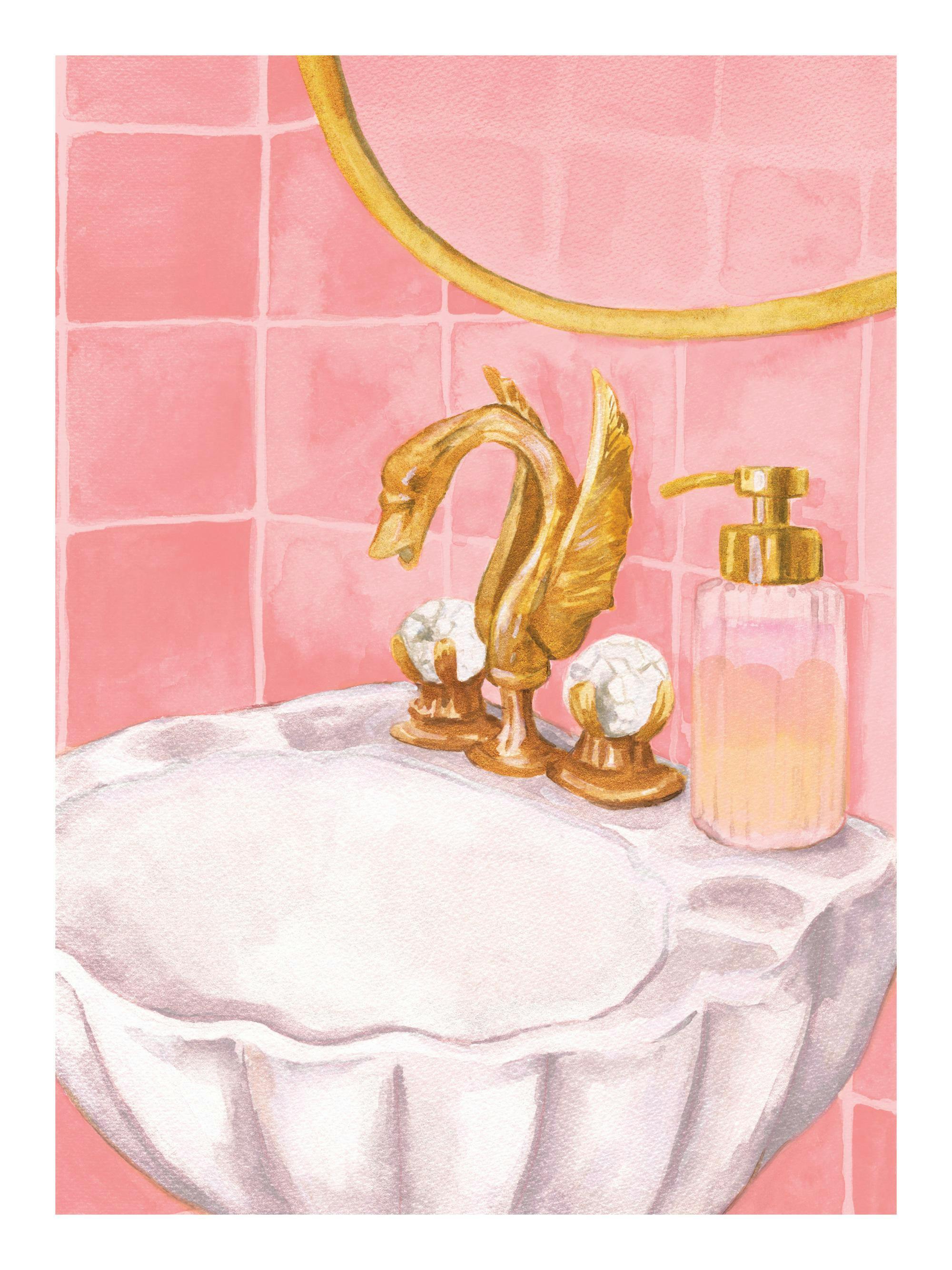 Poster med handmålat rosa badrum, vitt vågigt handfat, guldkran i svanform och tvålflaska. Dani Klaric kollektion.