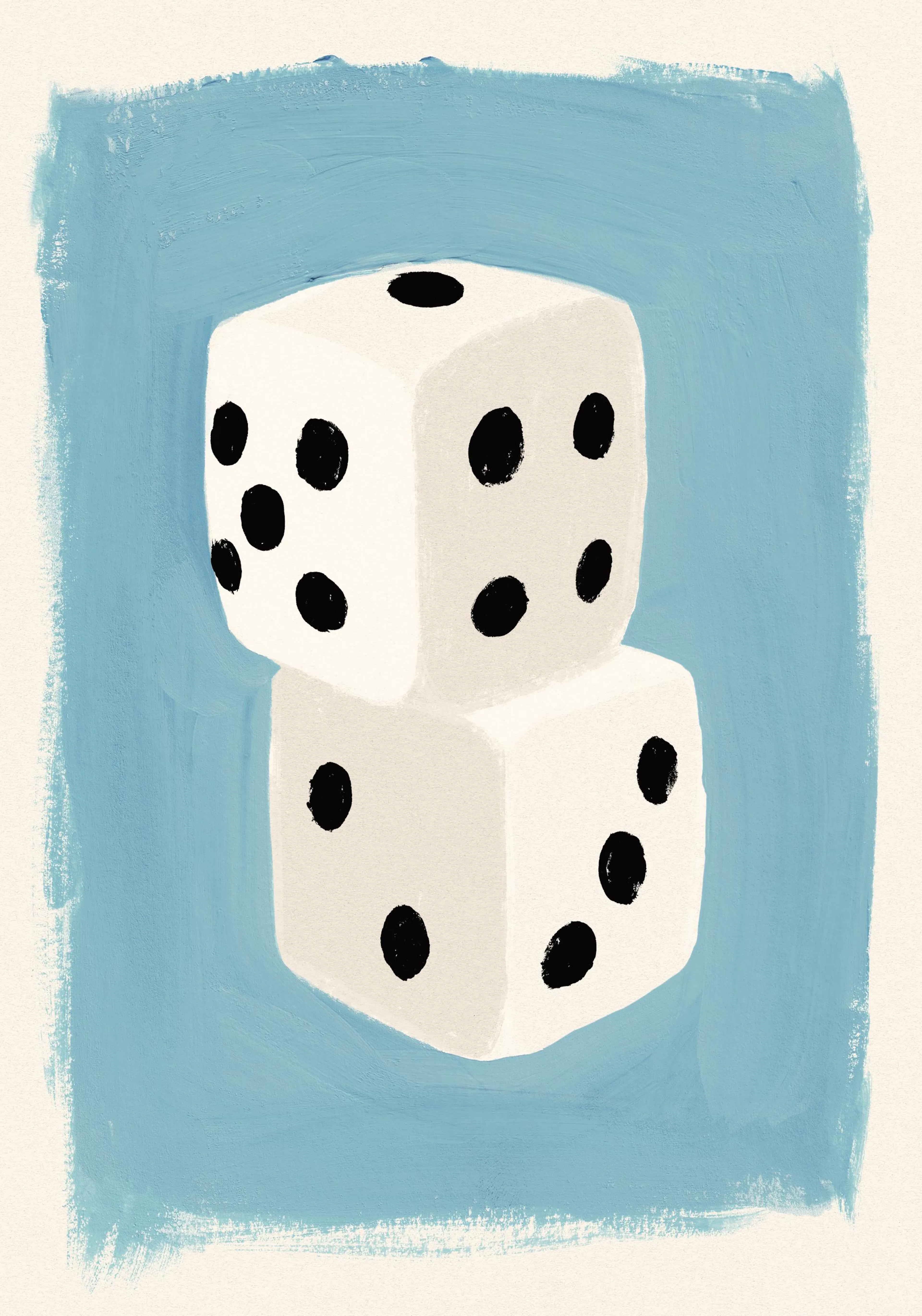 White dice poster print with two dice stacked on light blue background