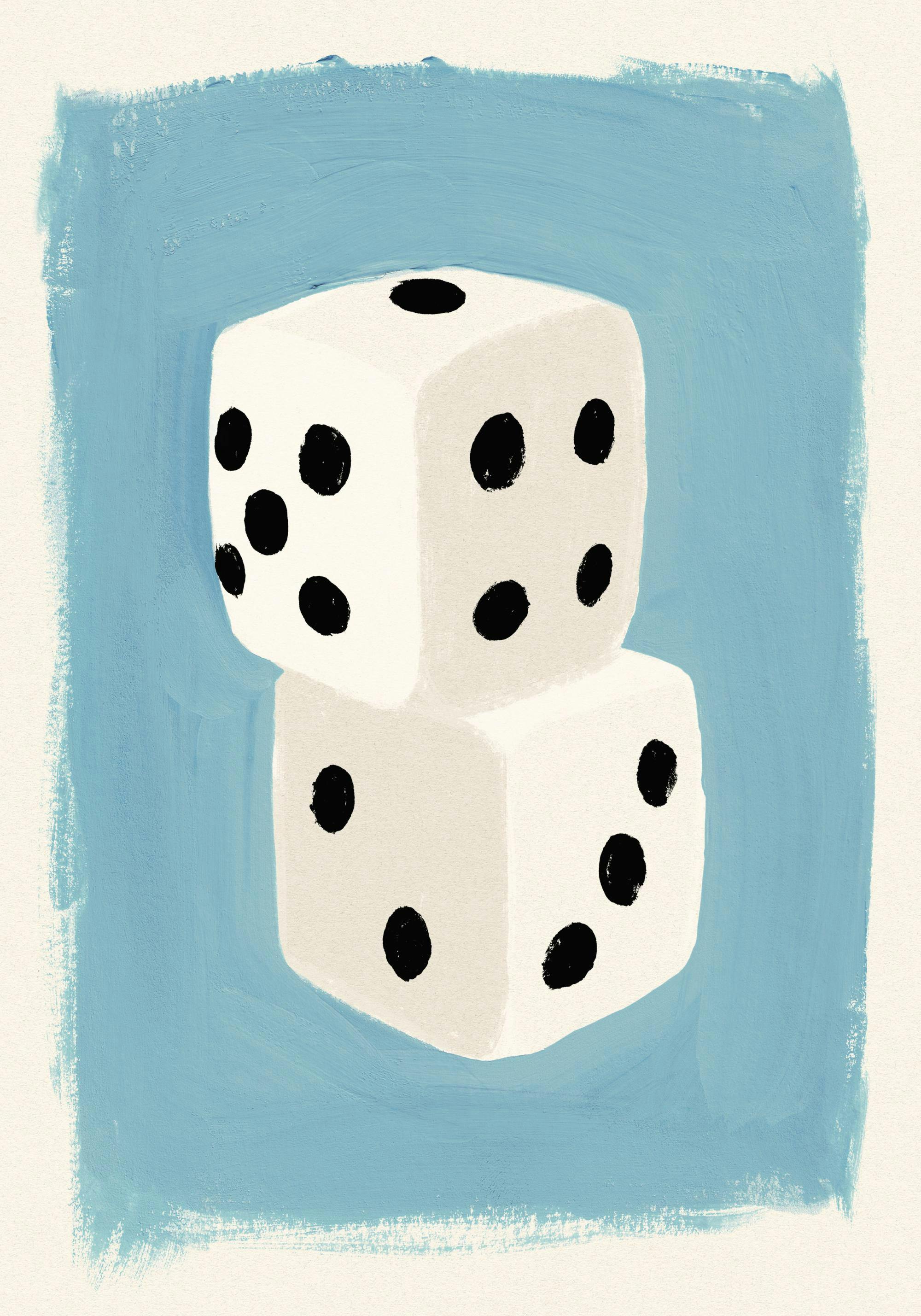 Lekfull poster med två vita tärningar med svarta prickar staplade på varandra mot en ljusblå bakgrund.