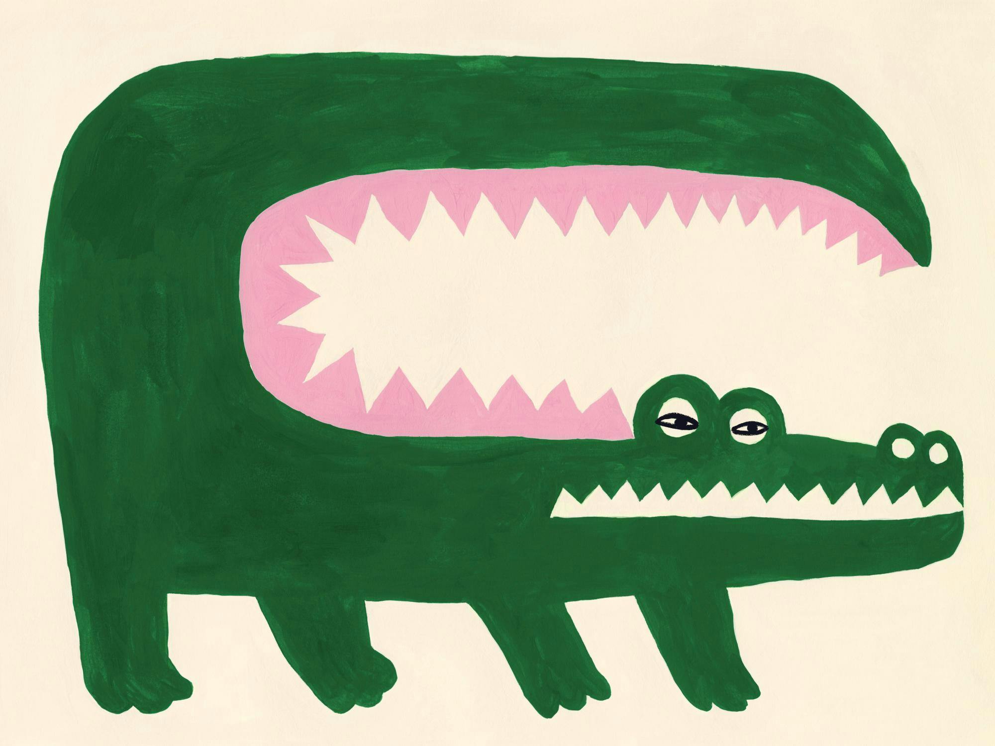 Handmålad krokodilillustration i grönt och rosa med öppen mun och spetsiga tänder, lekfull design.