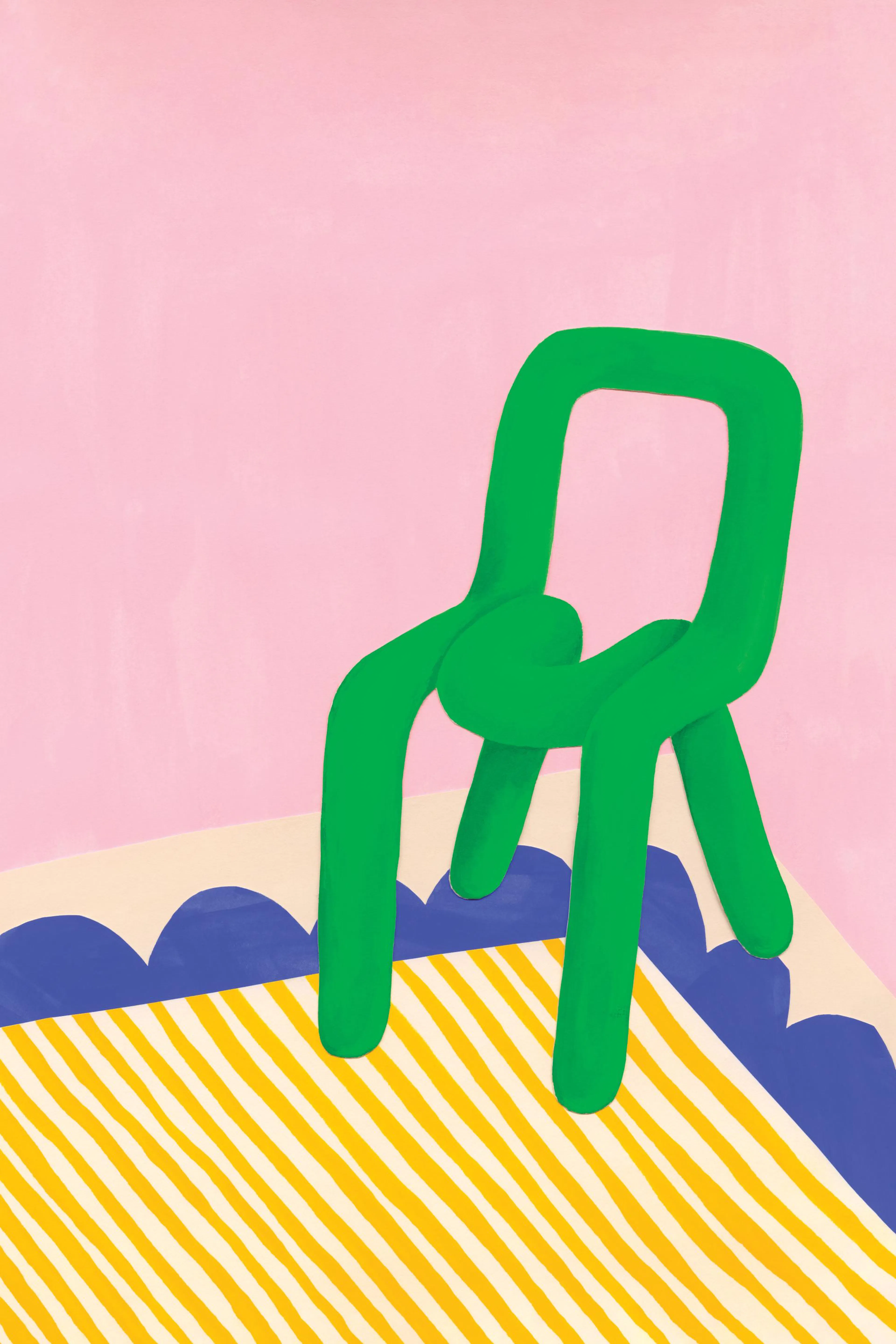 Bold green sculptural chair on a yellow striped rug with blue scalloped edge against a pink wall, playful art print.