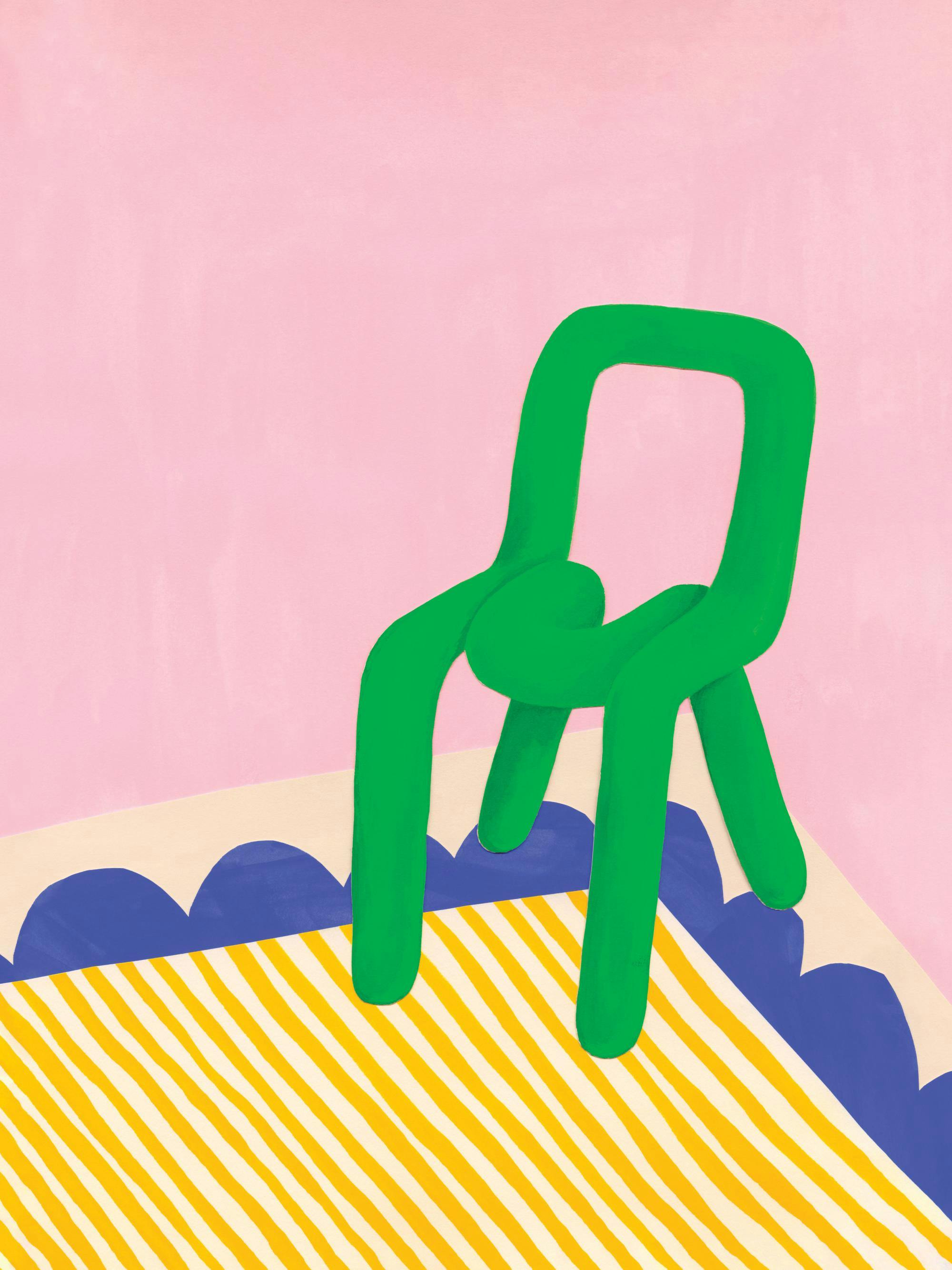 Grön stol i konstnärlig stil mot rosa vägg, med blå och gulrandig matta. Lekfull, handmålad poster.