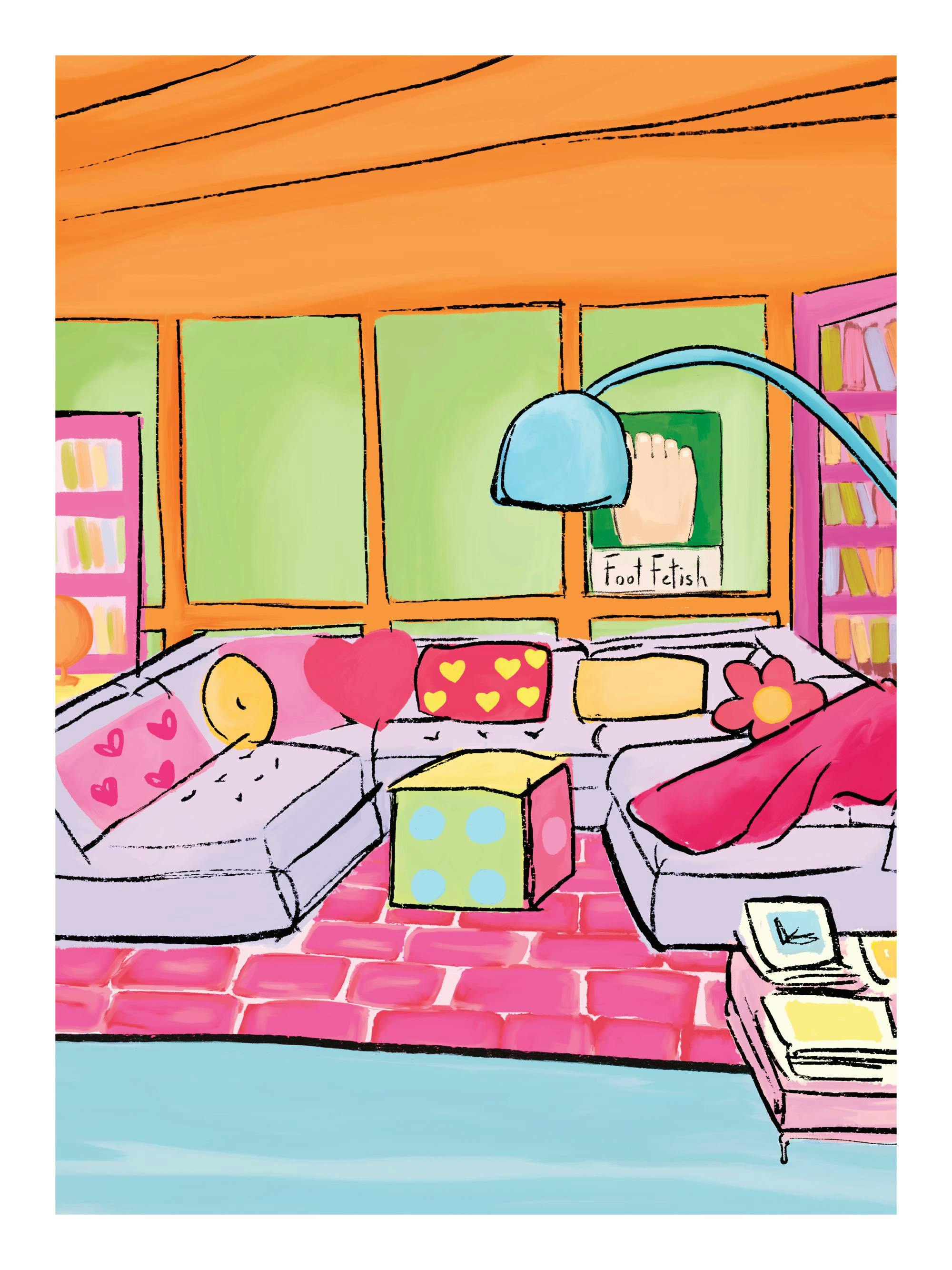 Färgstark Dani Klaric-poster med vardagsrum i nyanser av orange, rosa och lila. Eklektisk inredning och mönster.