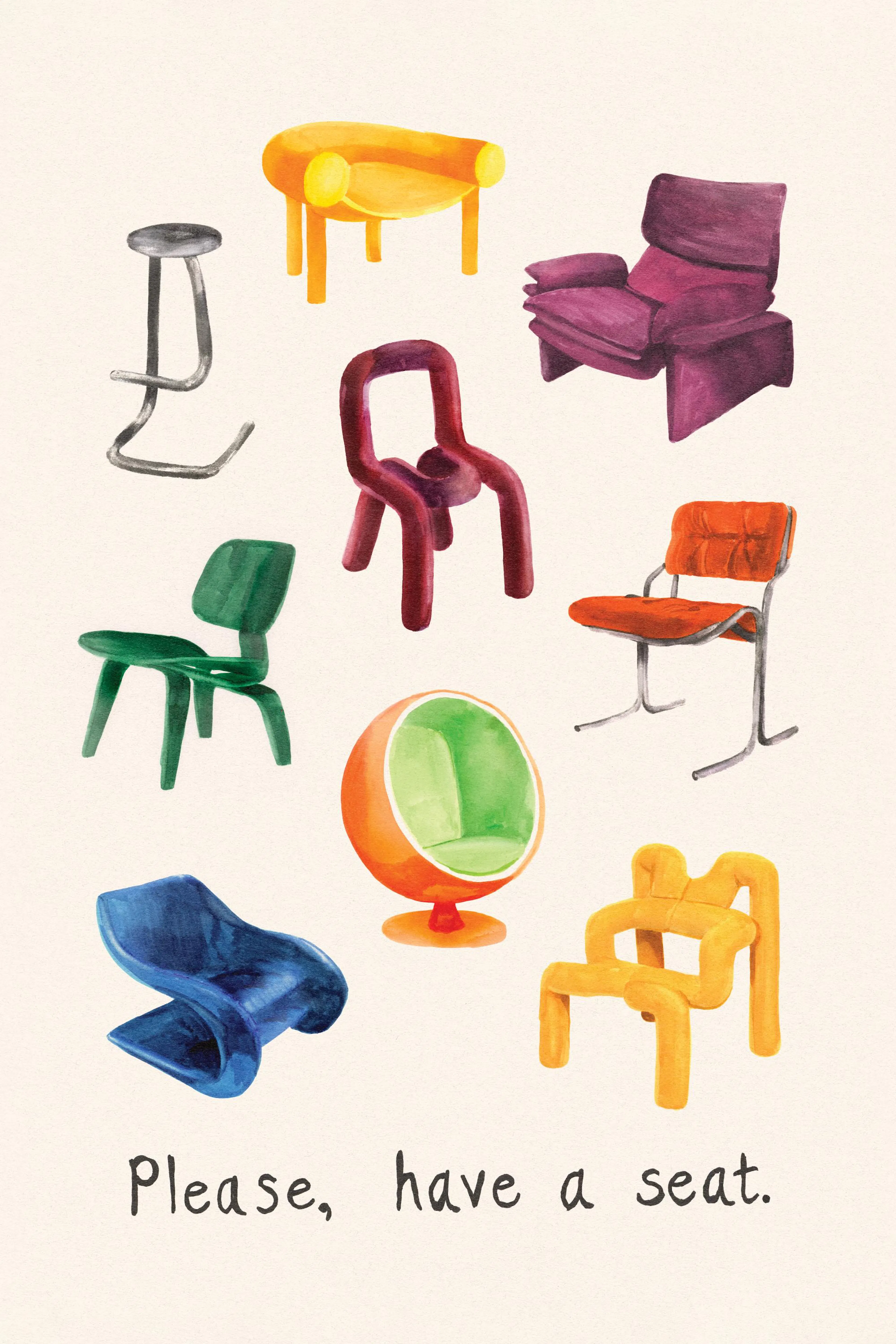 Aquarell-Poster mit neun Designerstühlen in Gelb, Lila, Grün, Orange, Rot, Blau und Schwarz auf hellem Hintergrund.