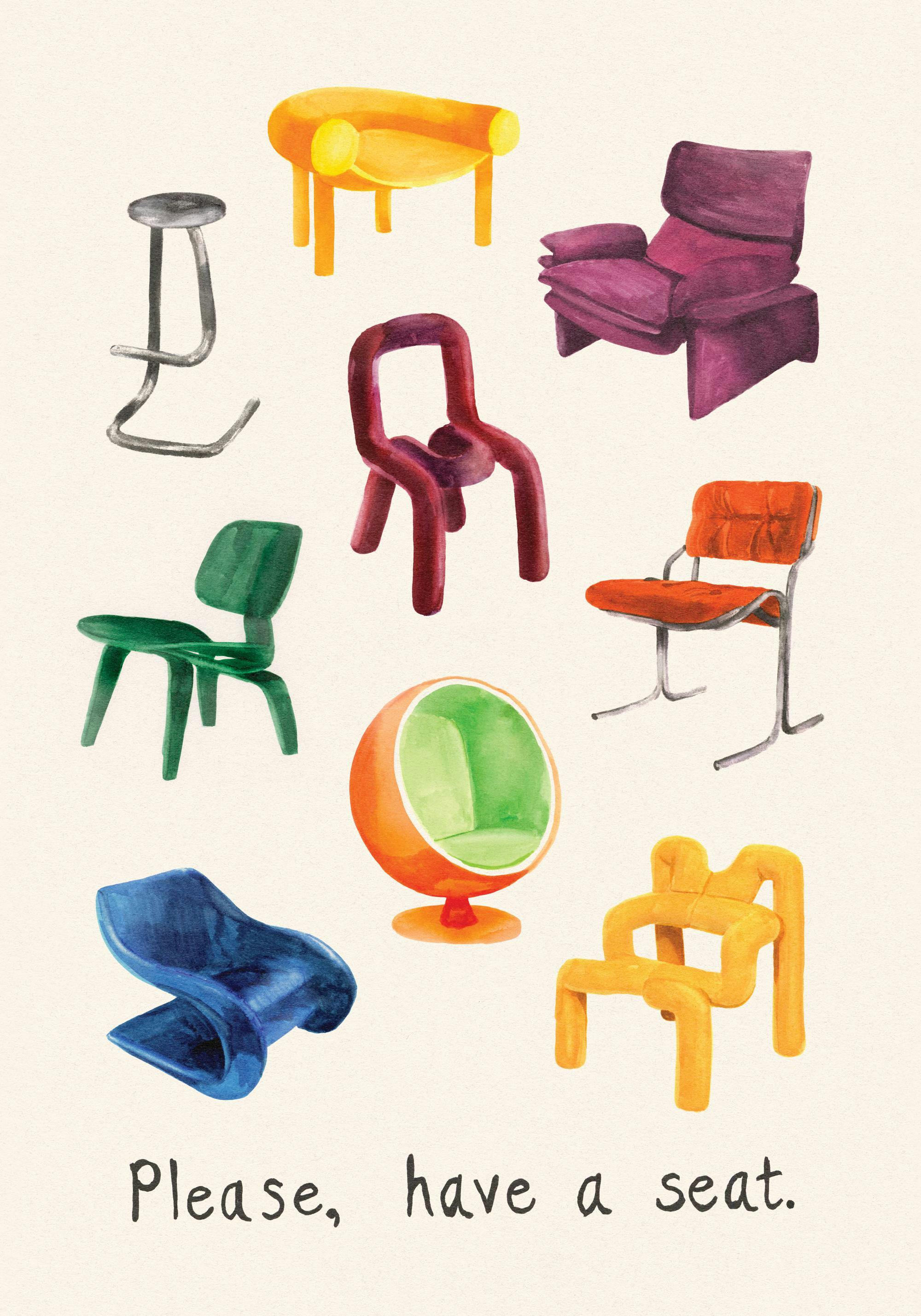 Akvarellkonst med nio färgglada designstolar i olika stilar och former, med texten Please, have a seat undertill. Handmålad post