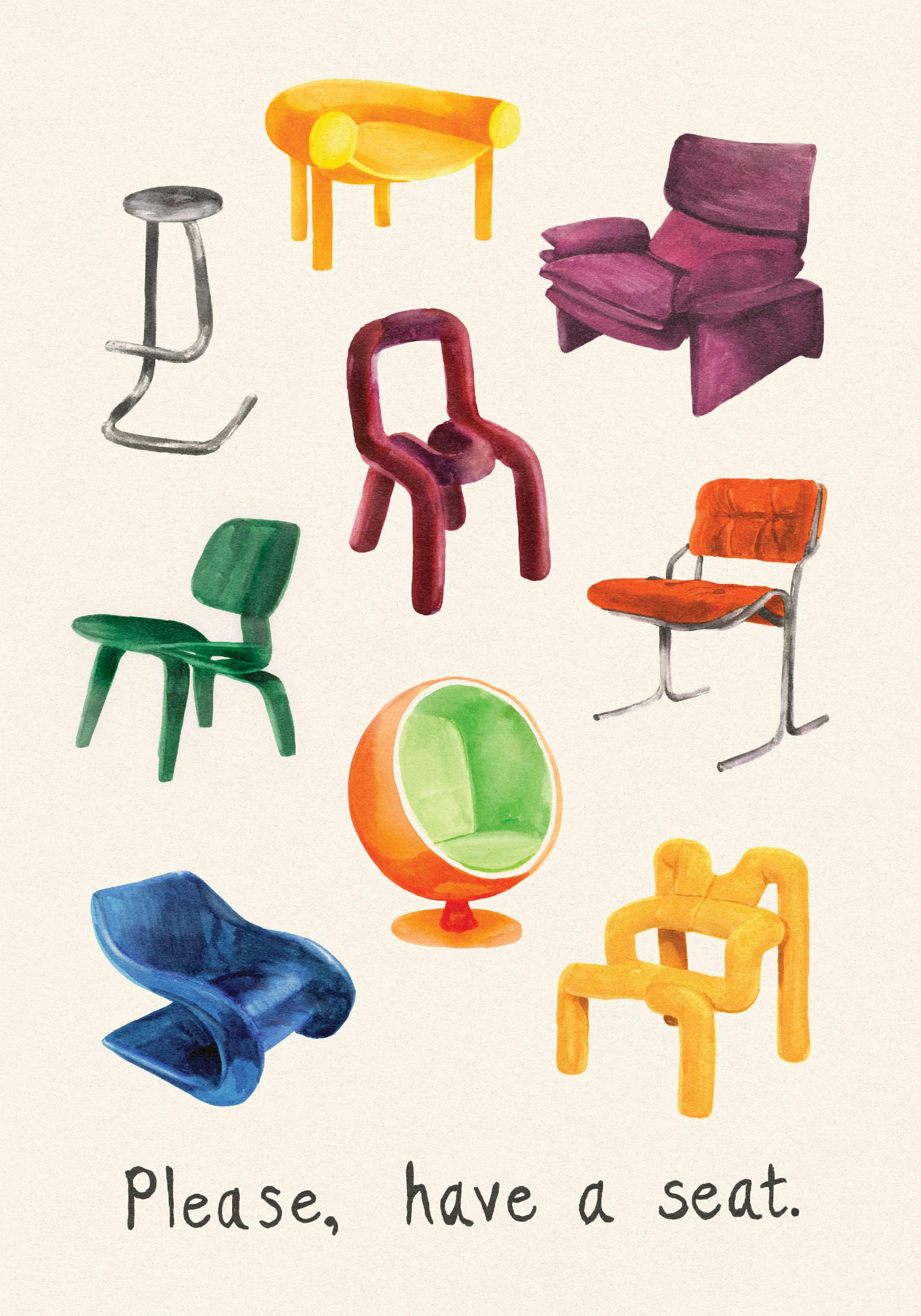 Handgemaltes Poster mit bunten Designerstühlen und dem Text Please, have a seat in Aquarell.